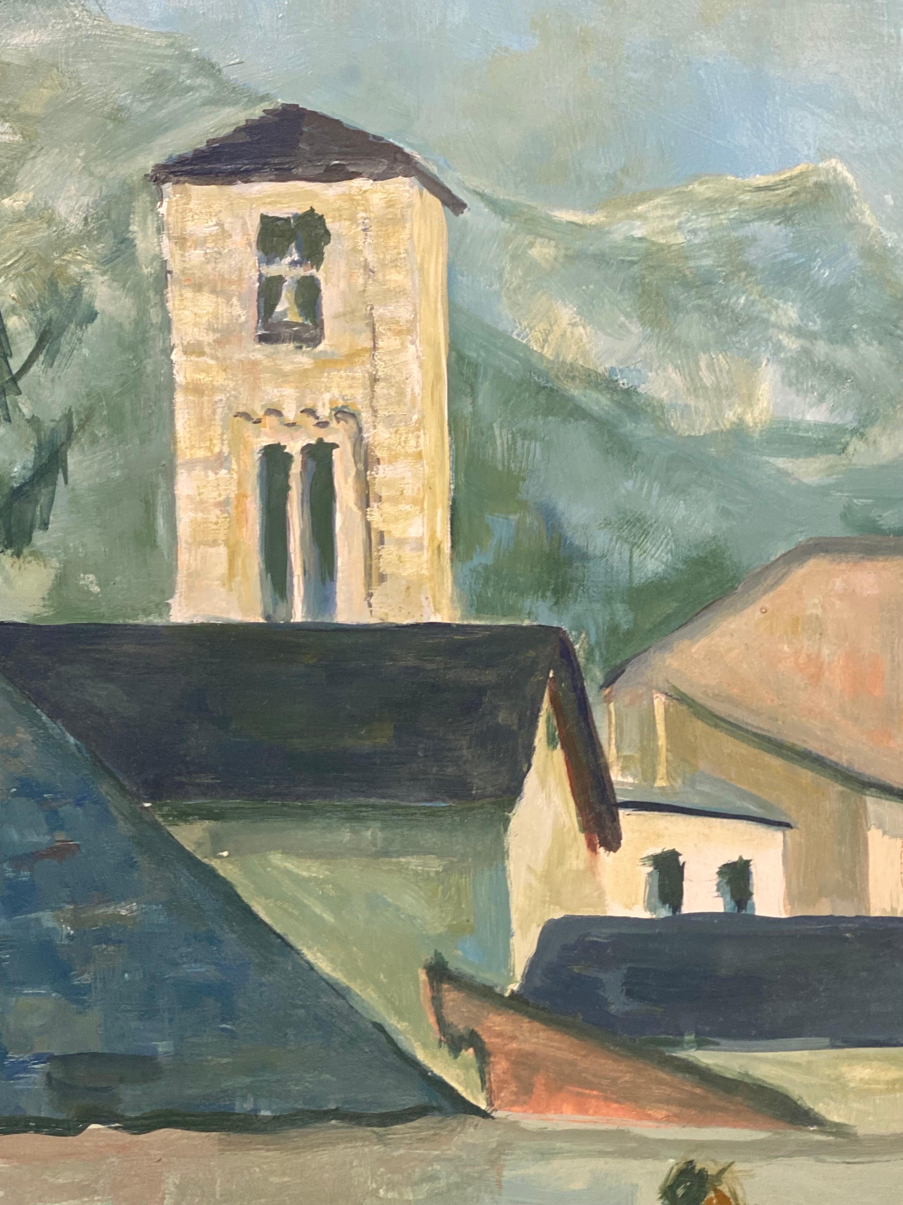 1950's Modernist Painting, Bright Blue Town Landscape with Horse and Figures For Sale 2