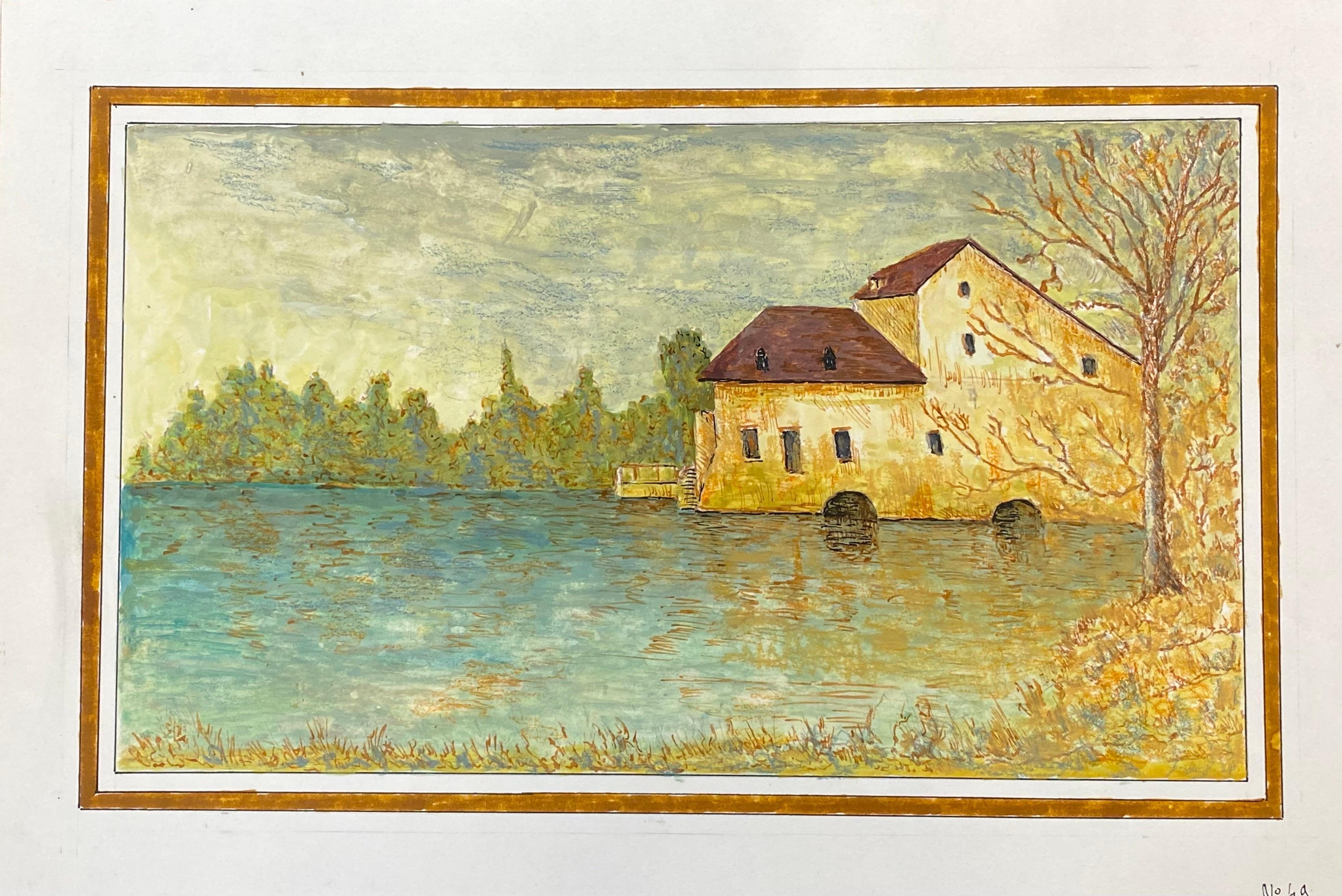 1950's Modernist Painting, French Building over Lake - Brown Landscape Painting by Unknown