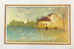 Modernistisches Gemälde aus den 1950er Jahren, französisches Gebäude über dem See