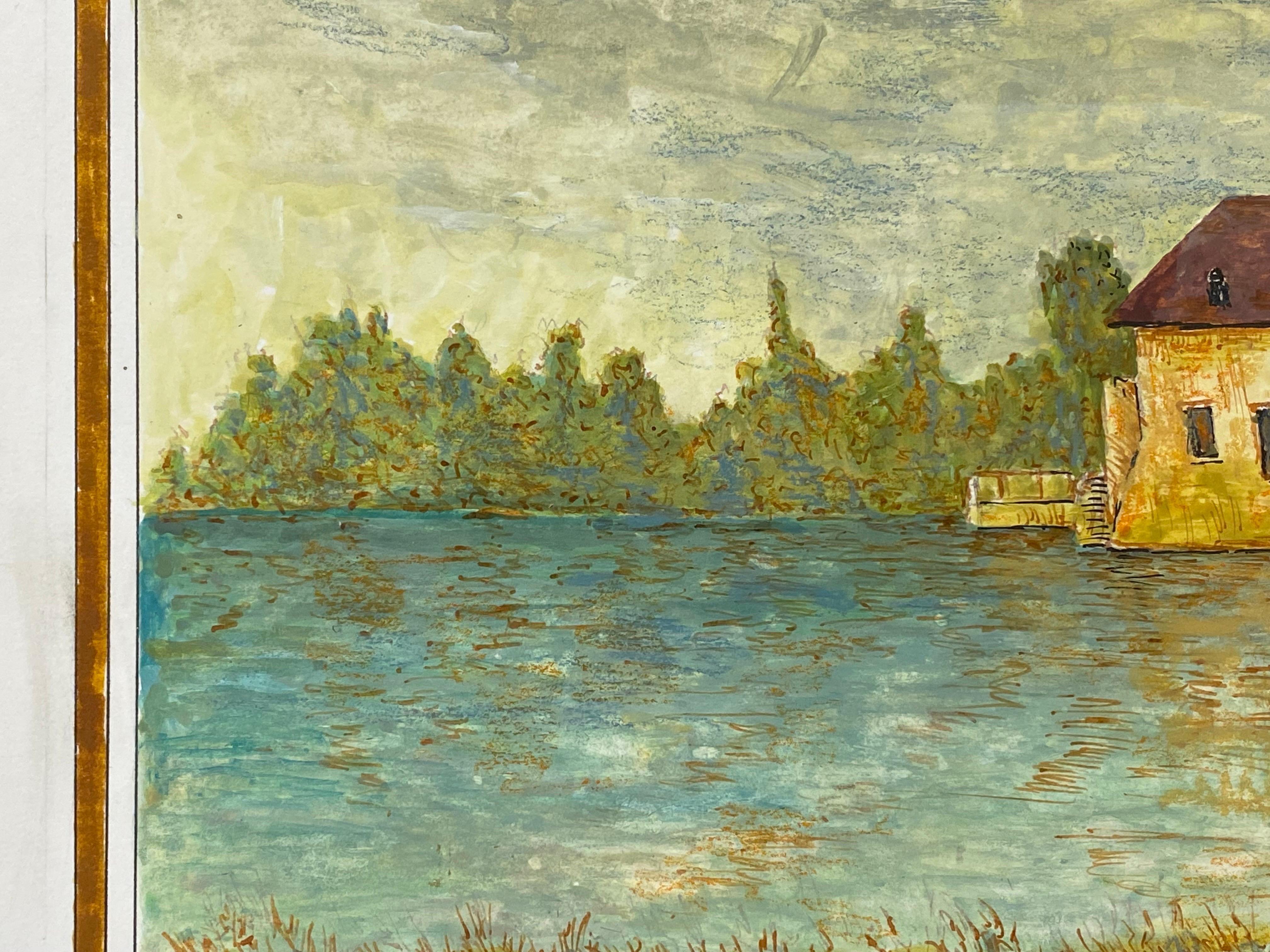 Lake scene.
by Bernard Labbe (French, mid-20th century), stamped verso.
Original watercolour/gouache painting on paper.
Overall size: 10 x 15 inches.
Condition: very good and ready to be enjoyed. 

Provenance: the artists atelier/ studio, France