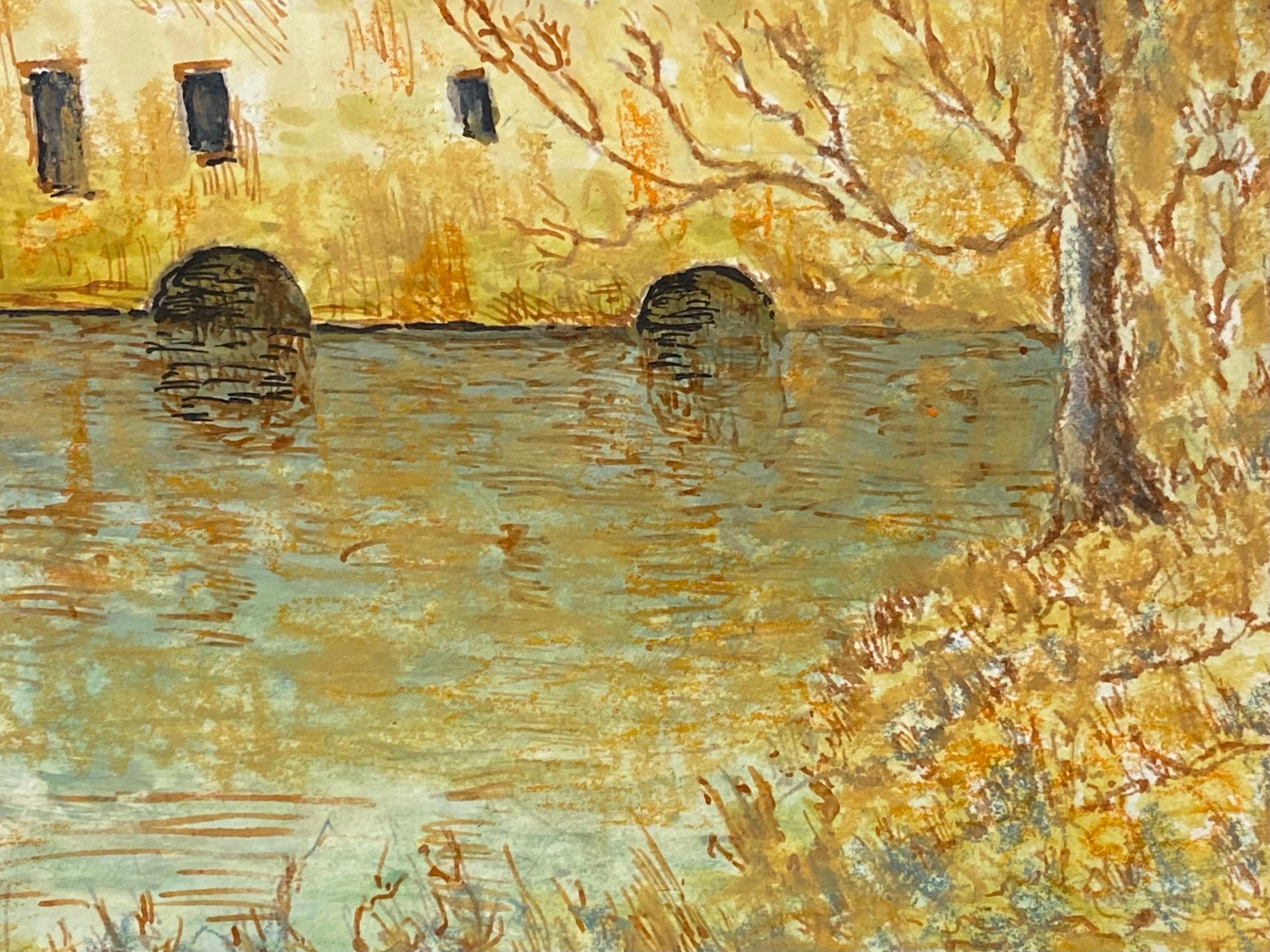 1950's Modernist Painting, French Building over Lake For Sale 1