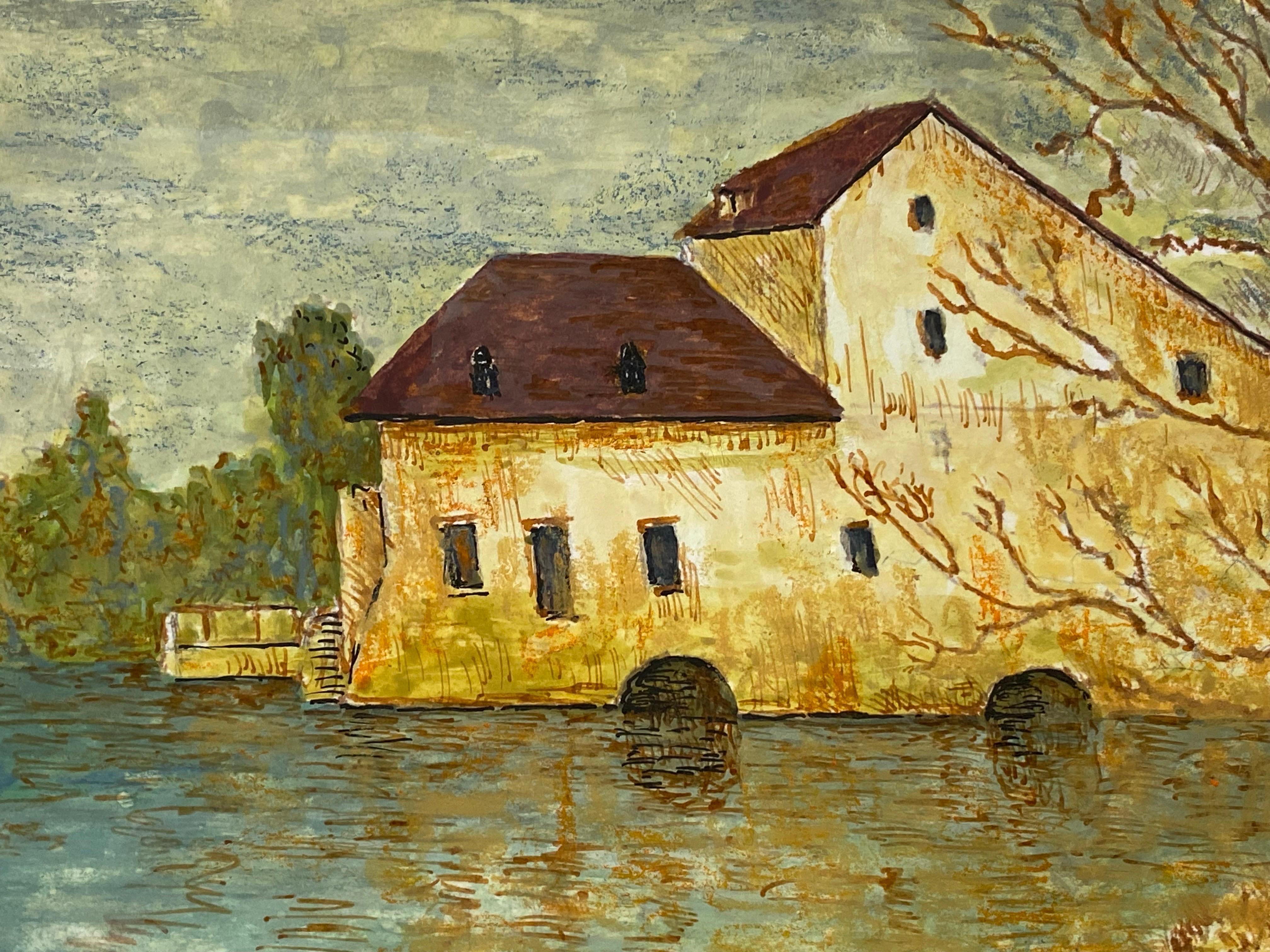 1950's Modernist Painting, French Building over Lake For Sale 2