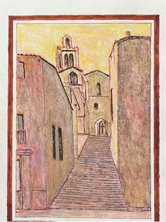 1950's Modernist Painting, French Steps Up to The Church