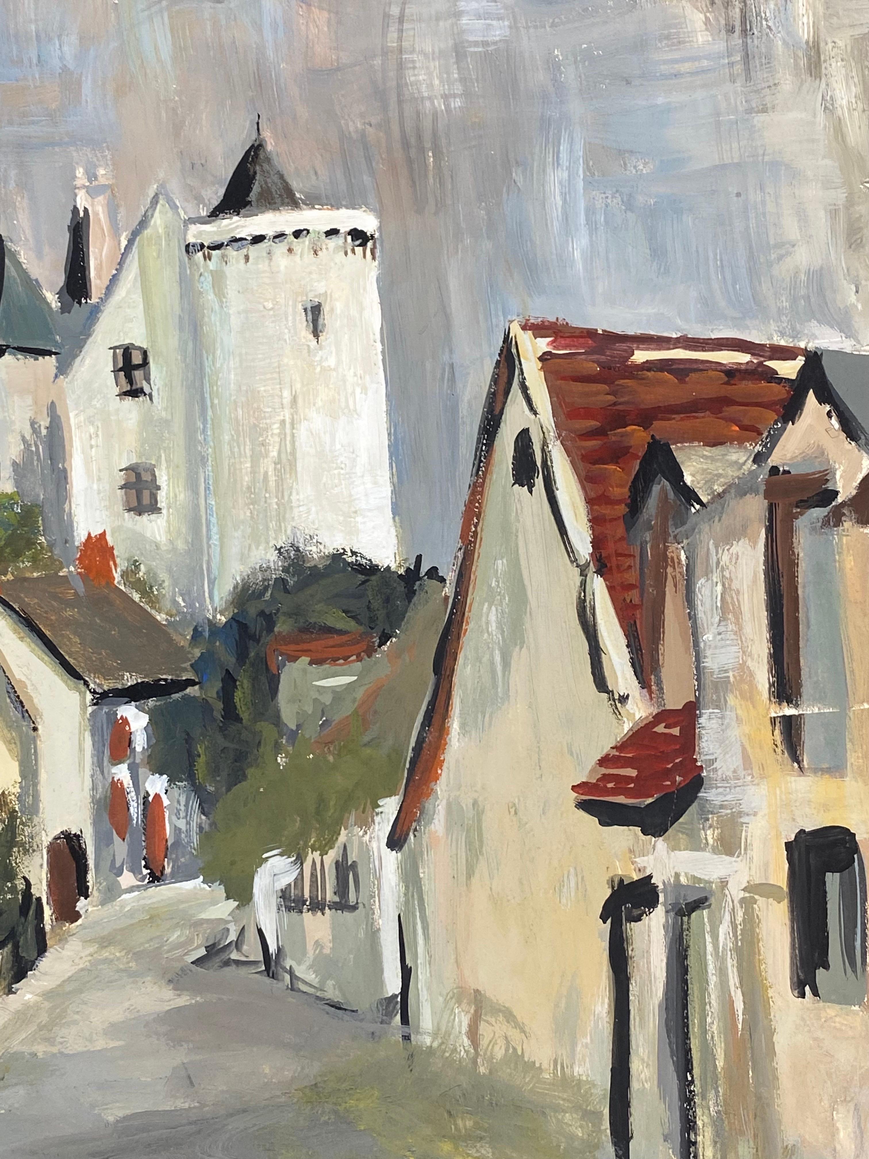 Peinture moderniste des années 1950, ciel gris au-dessus d'une ville française paisible - Painting de Unknown