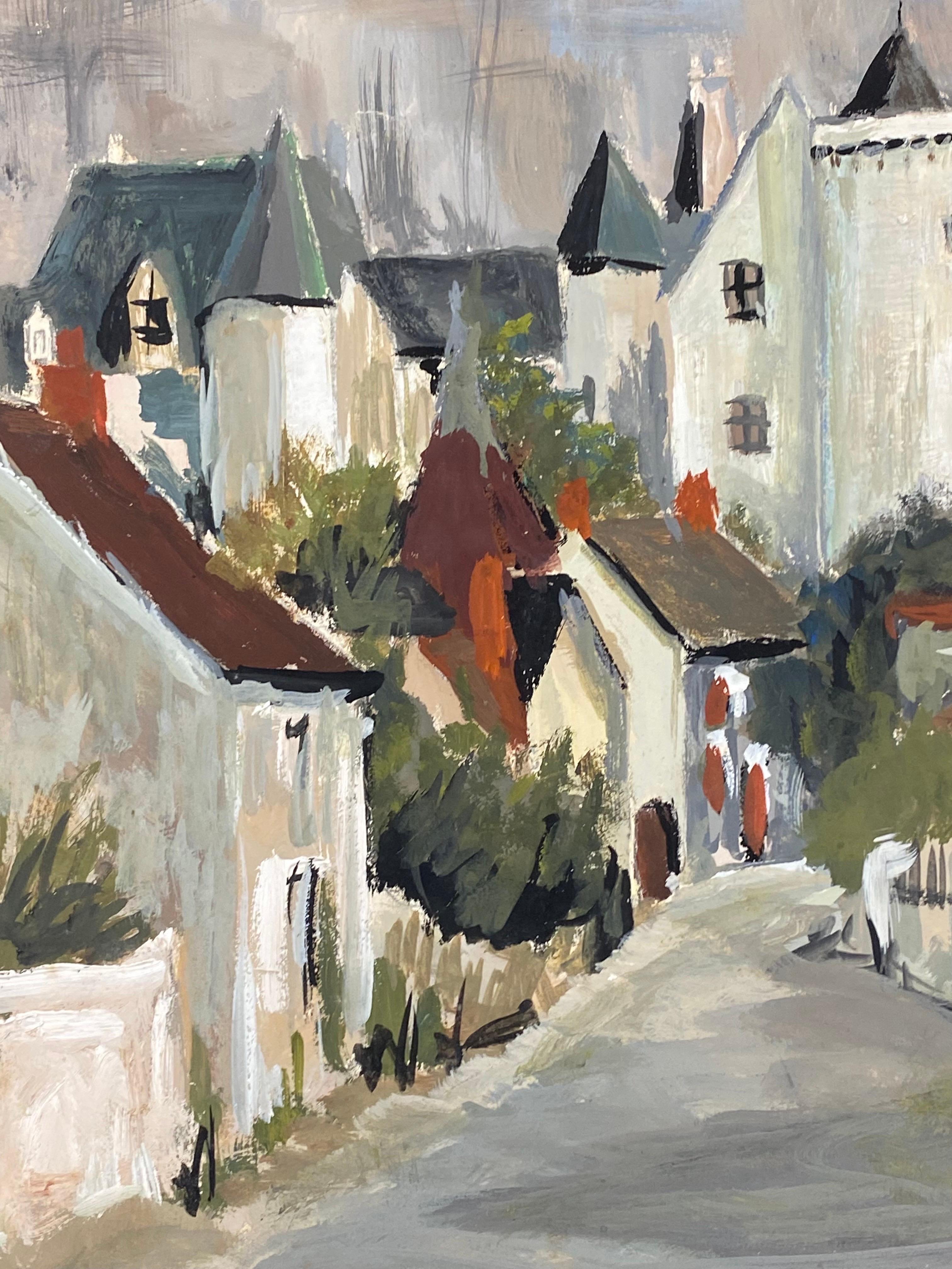 Peinture moderniste des années 1950, ciel gris au-dessus d'une ville française paisible - Moderne Painting par Unknown
