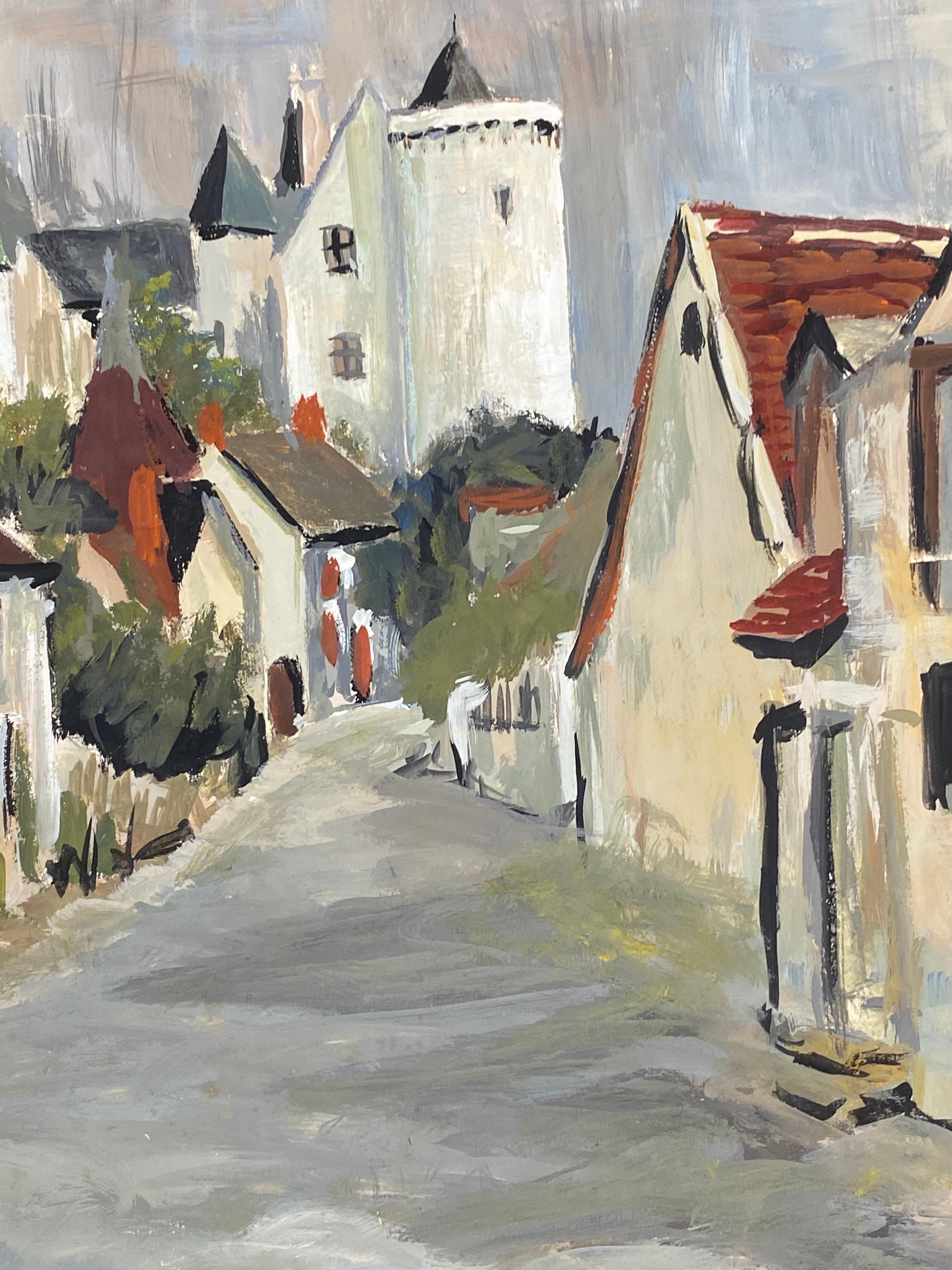 Peinture moderniste des années 1950, ciel gris au-dessus d'une ville française paisible - Gris Landscape Painting par Unknown