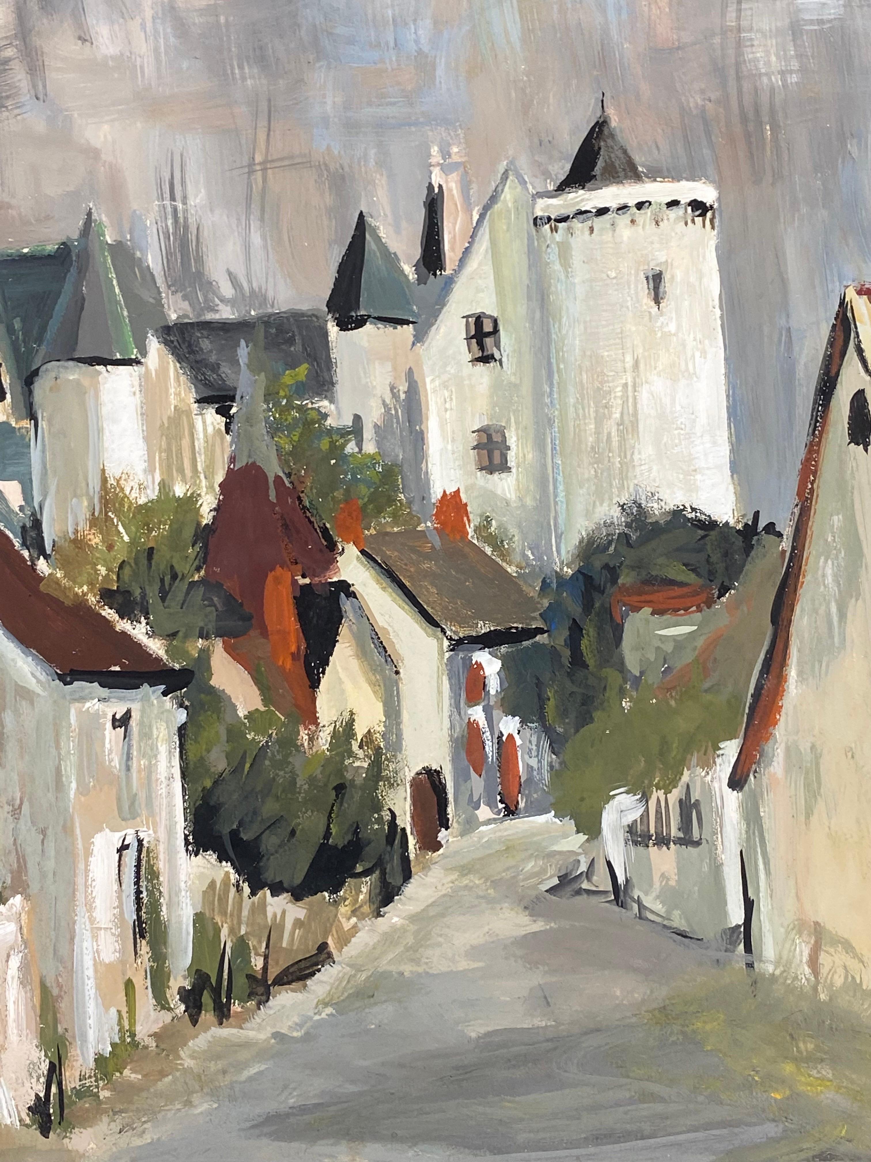 Peinture moderniste des années 1950, ciel gris au-dessus d'une ville française paisible en vente 2
