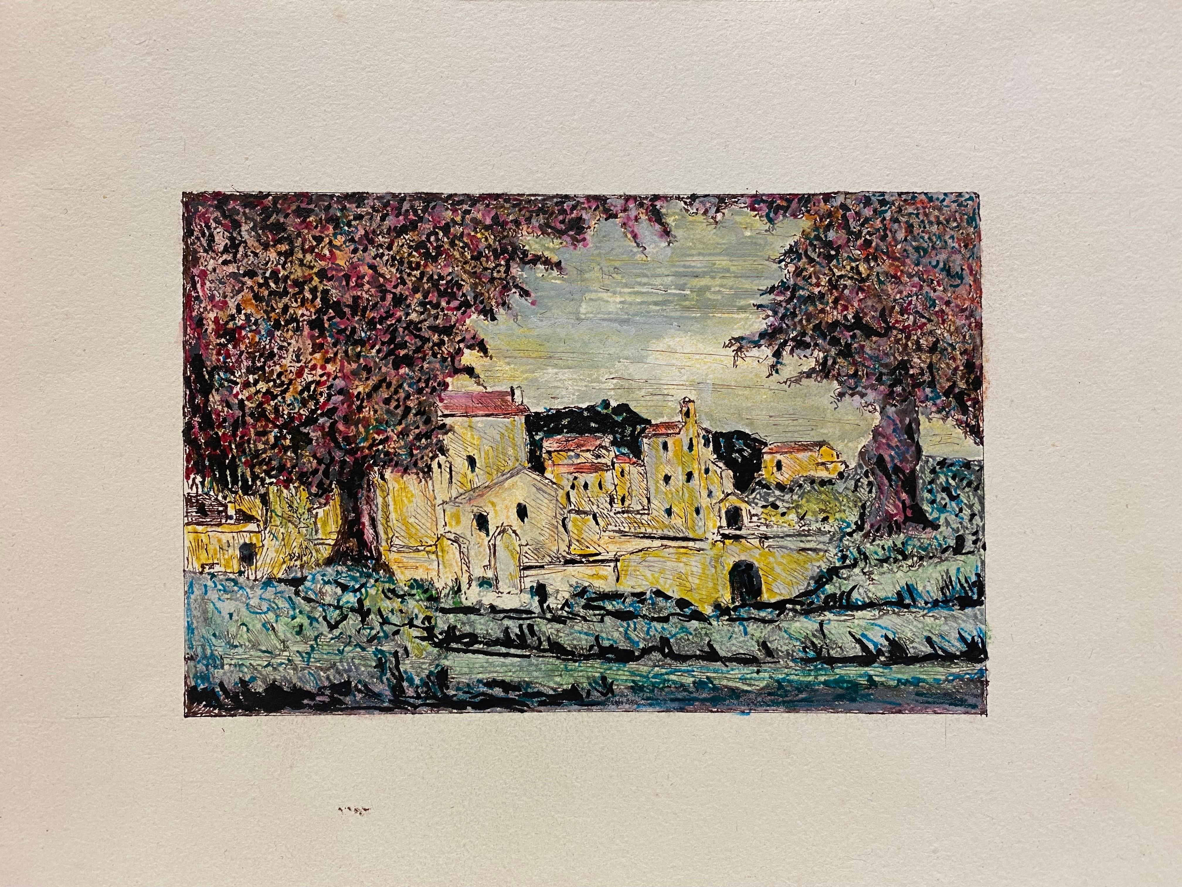 Pittura modernista degli anni '50, Paesaggio di una Townes francese - Painting di Unknown