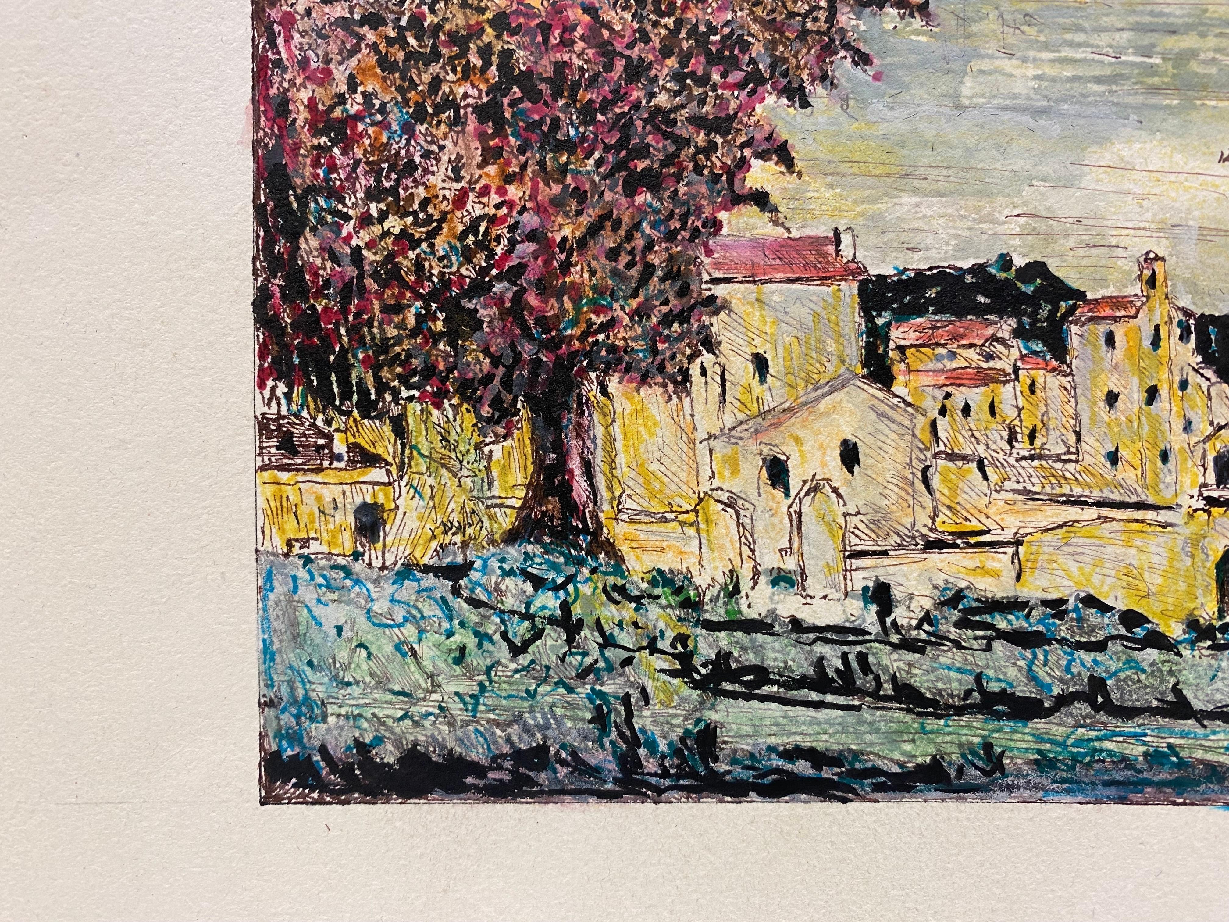 Pittura modernista degli anni '50, Paesaggio di una Townes francese - Painting Moderno di Unknown