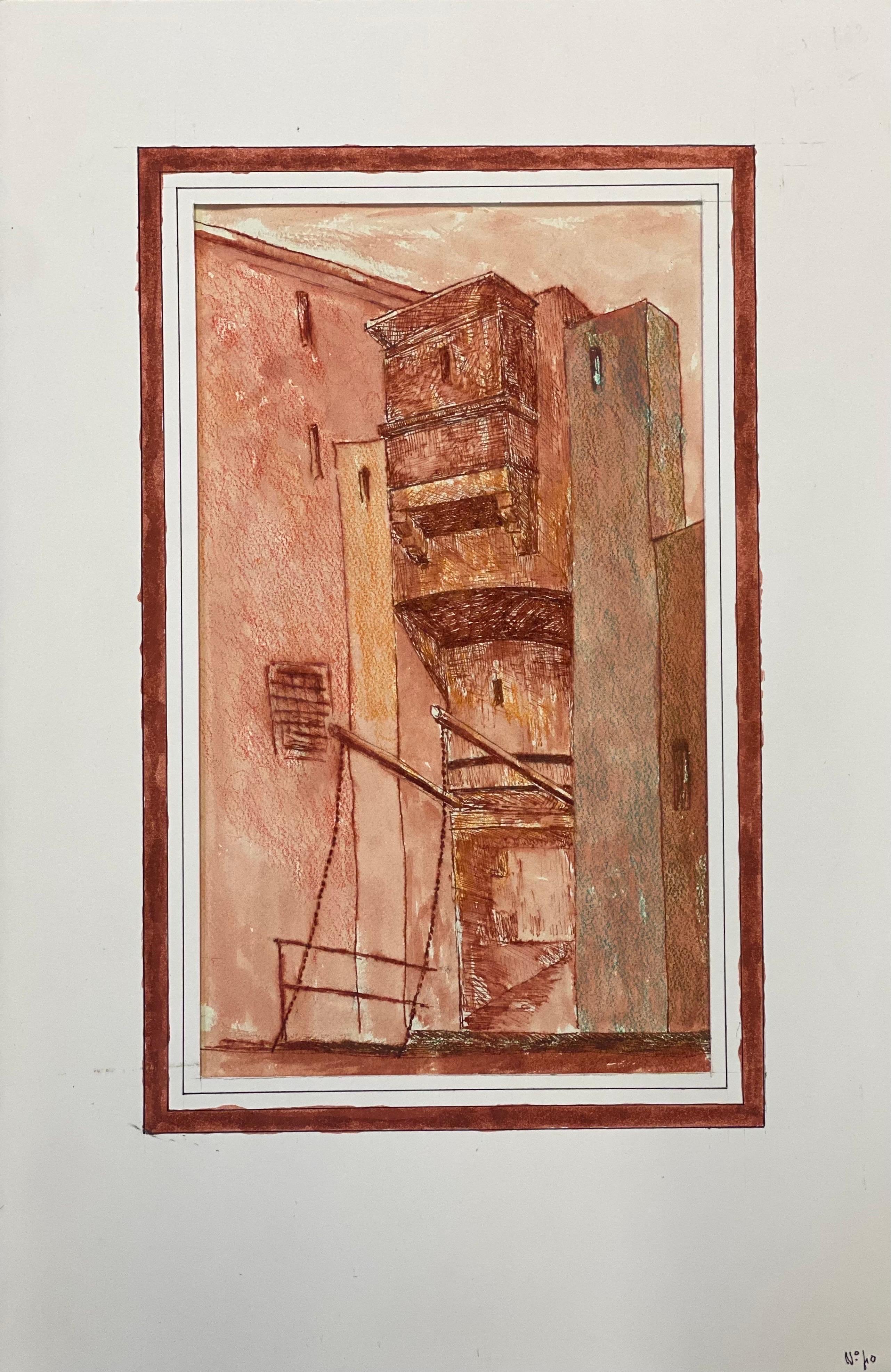 1950's Modernist Painting, Red French Tall Building - Beige Landscape Painting by Unknown