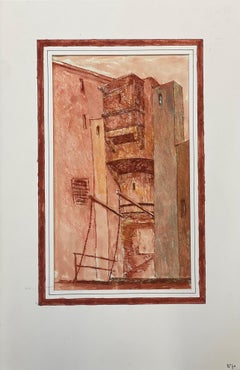 1950's Modernist Painting, Red French Tall Building