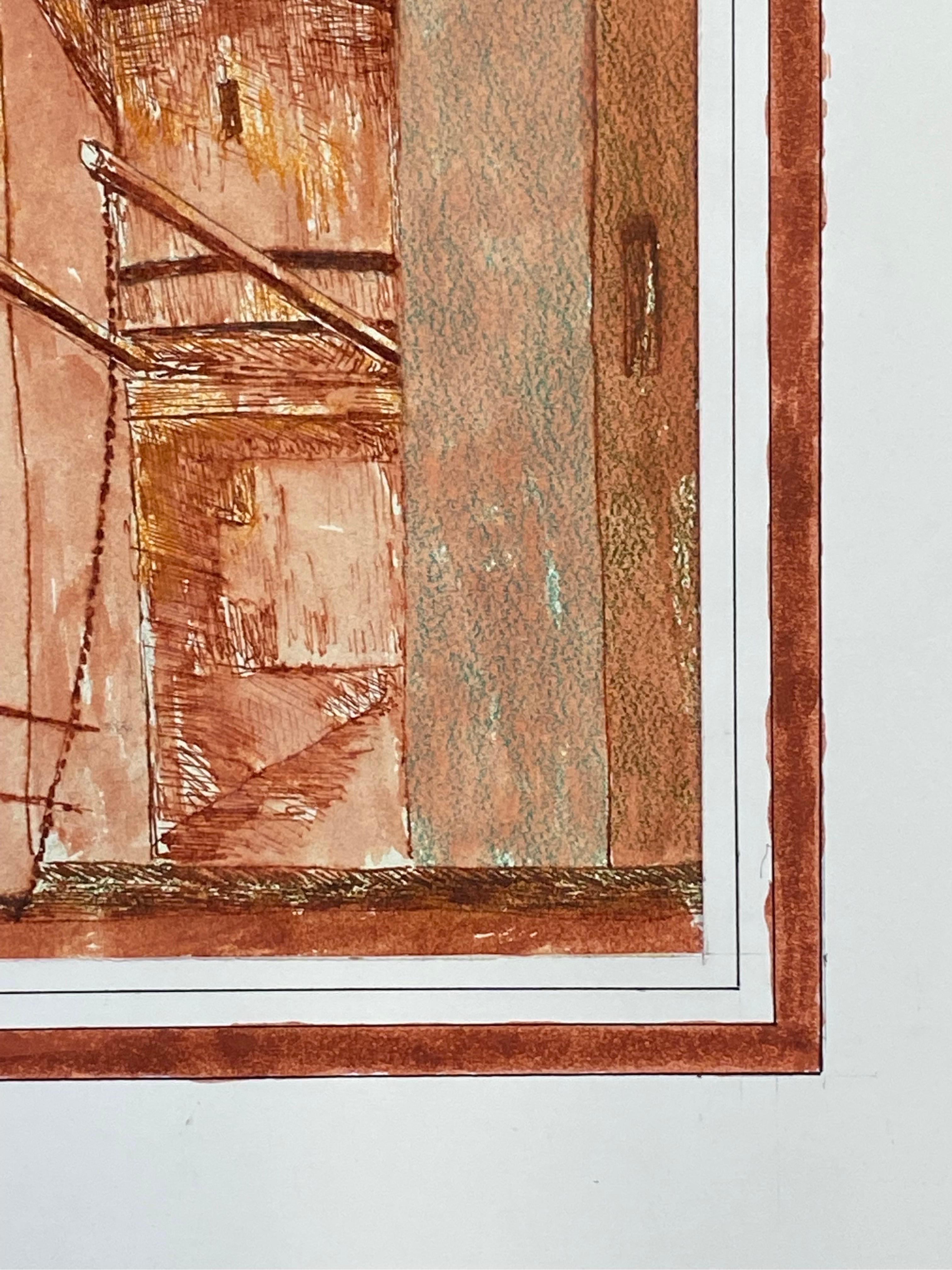 1950's Modernist Painting, Red French Tall Building For Sale 2