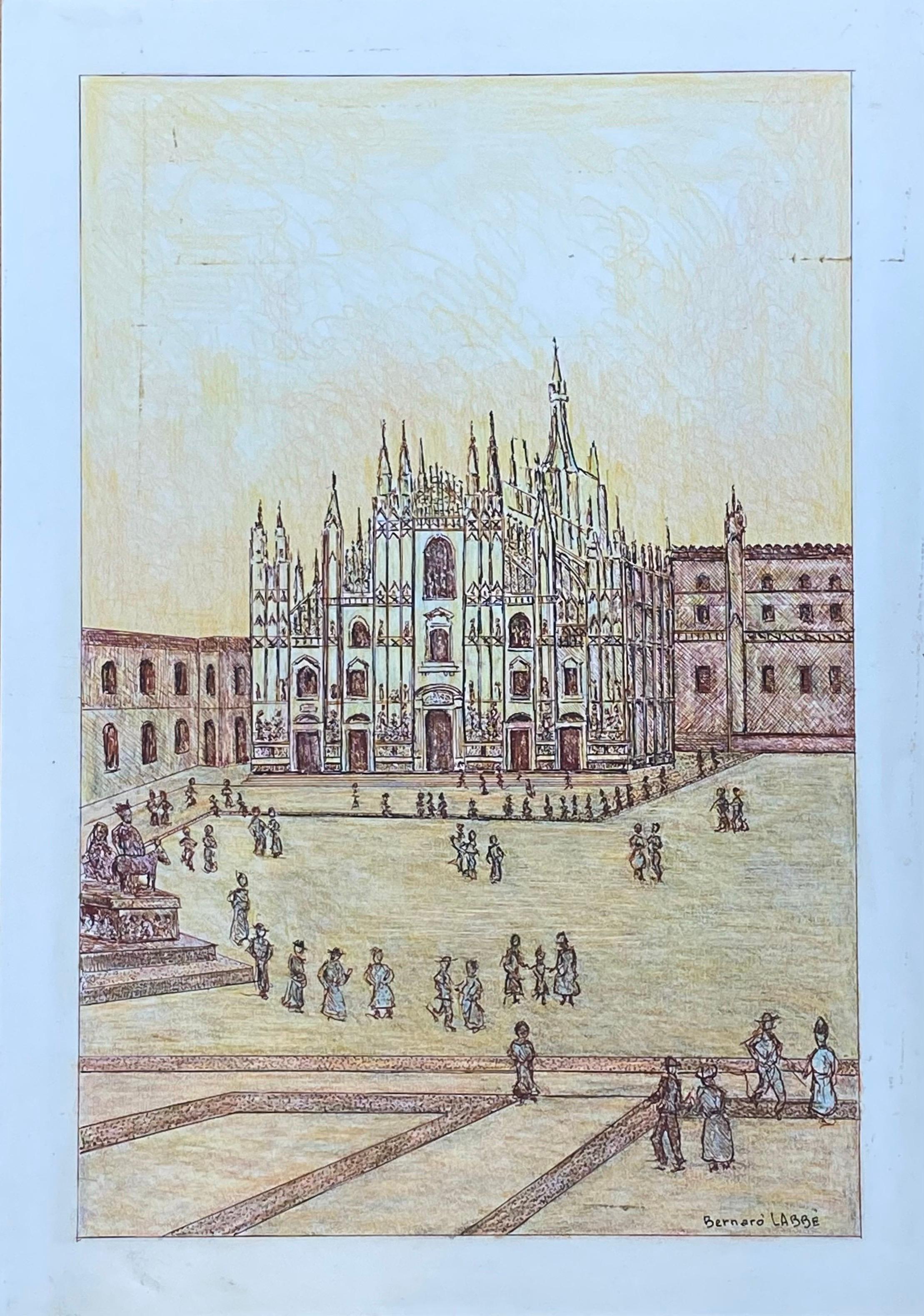 1950's Modernist Painting Signed, Milan Cathedral Cityscape - Gray Landscape Painting by Unknown