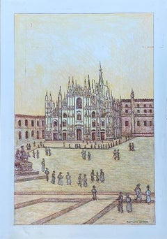 1950's Modernist Painting Signed, Milan Cathedral Cityscape