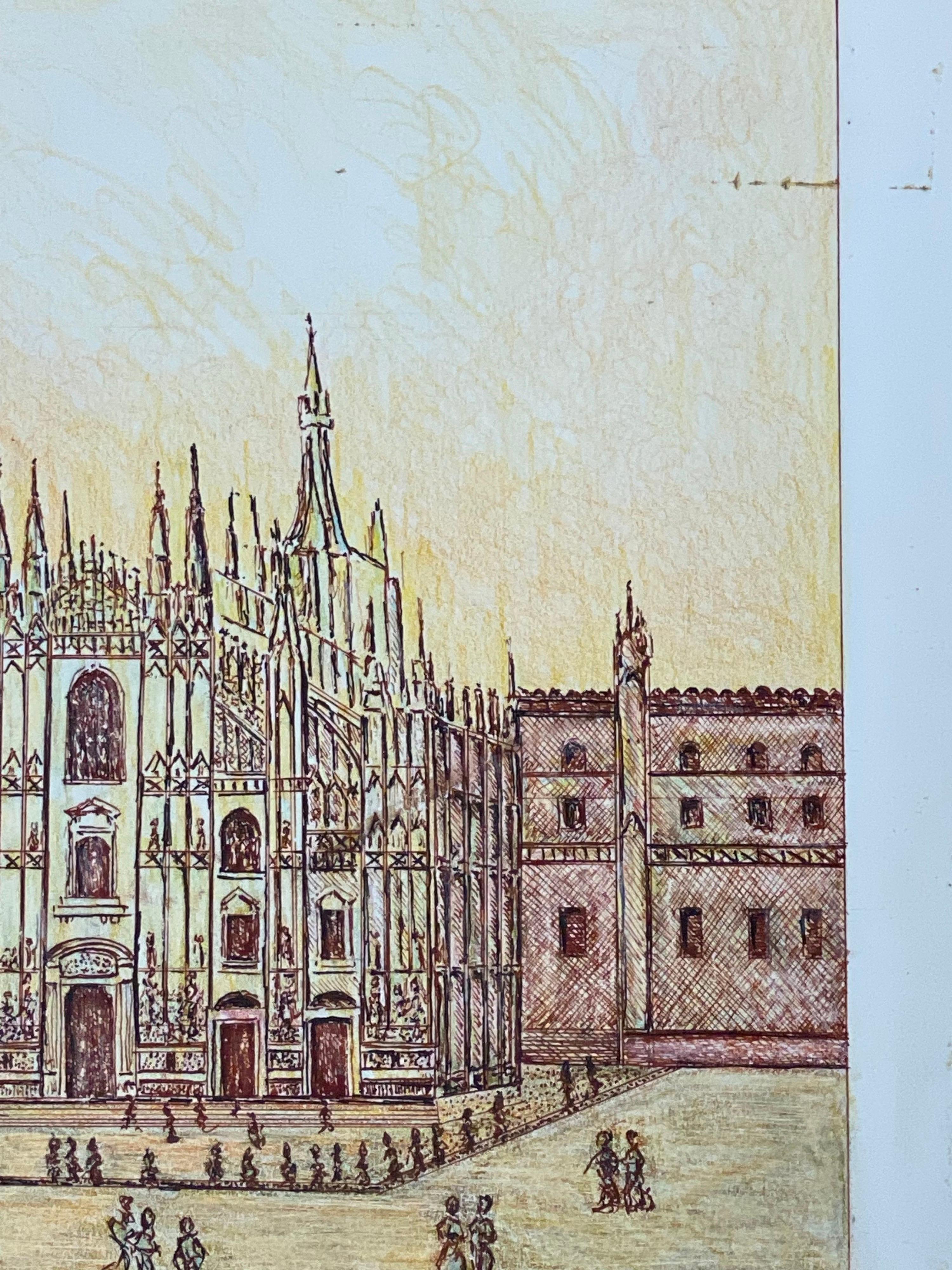 1950's Modernist Painting Signed, Milan Cathedral Cityscape For Sale 2