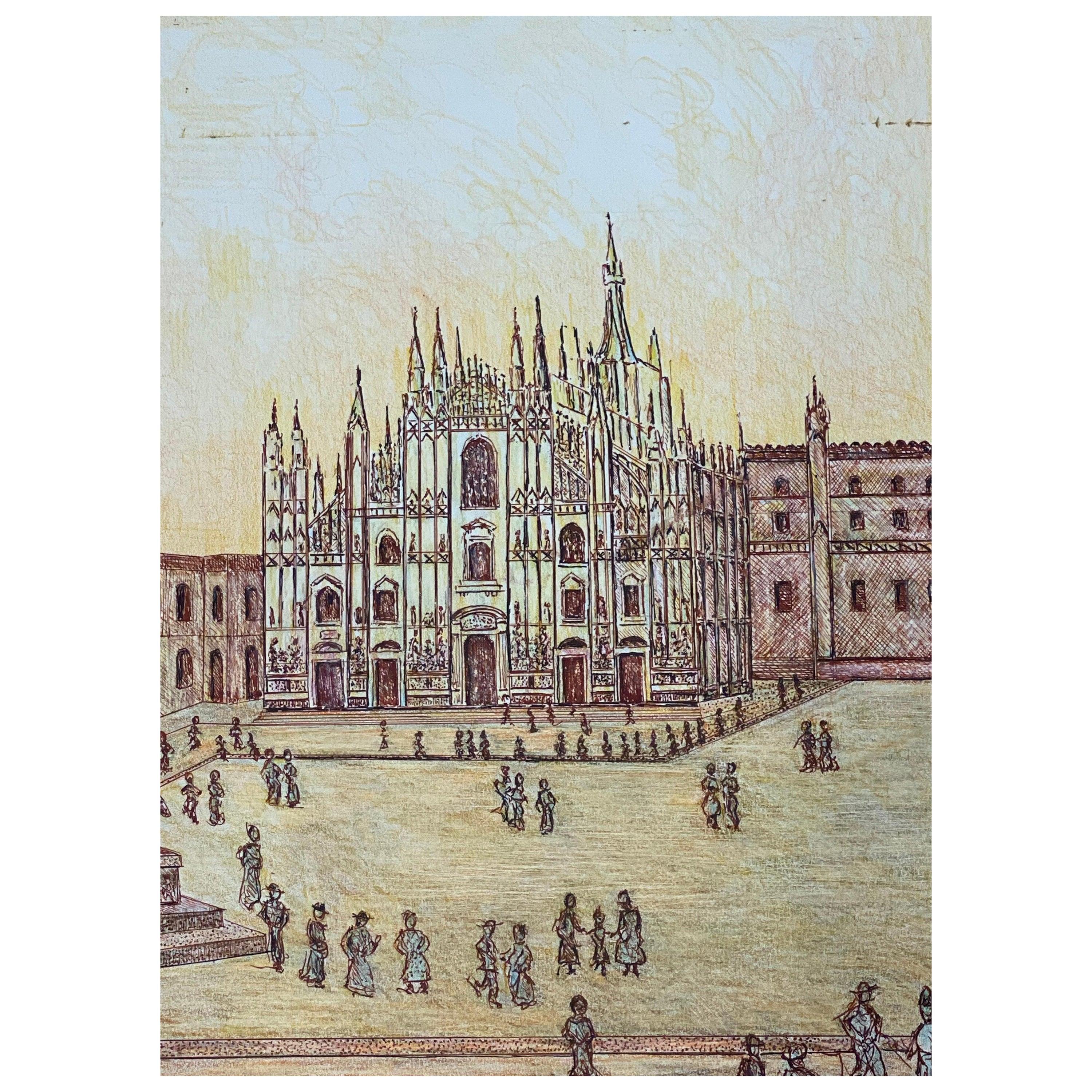 Unknown Landscape Painting - 1950's Modernist Painting Signed, Milan Cathedral Cityscape