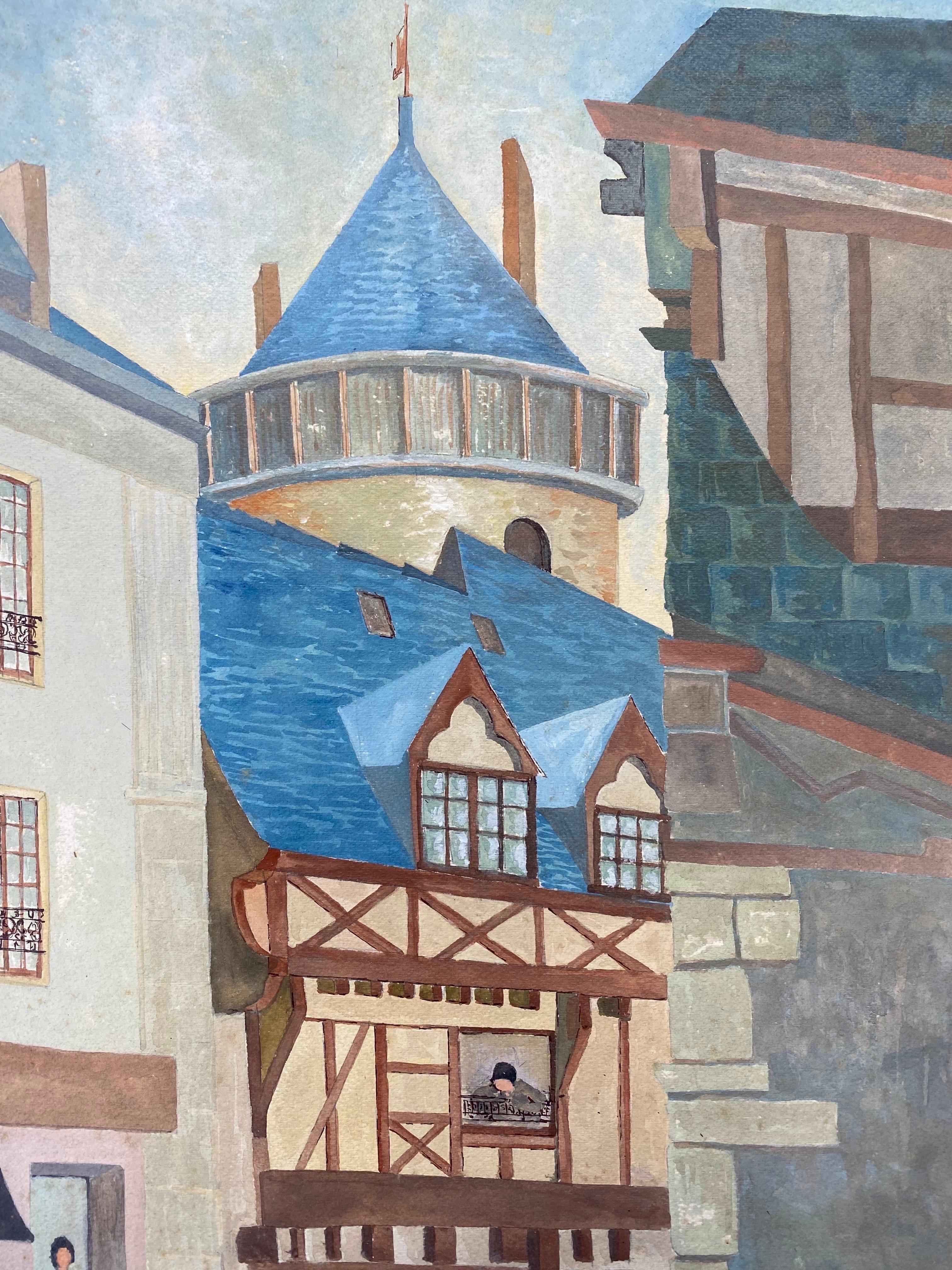 Pintura modernista firmada de los años 50, Figuras en ciudad francesa - Landscape Painting Gris de Unknown