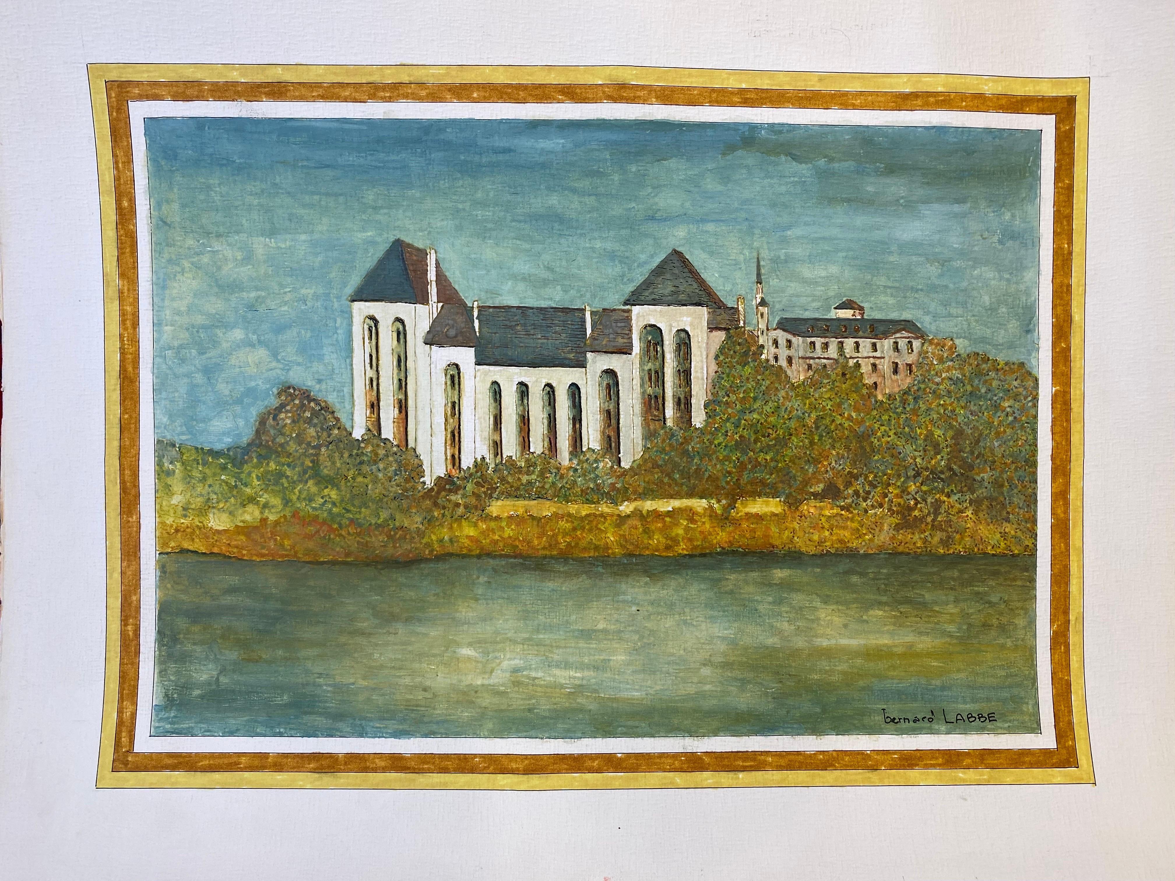 Pintura modernista firmada de los años 50, Gran edificio francés sobre el río - Painting de Unknown