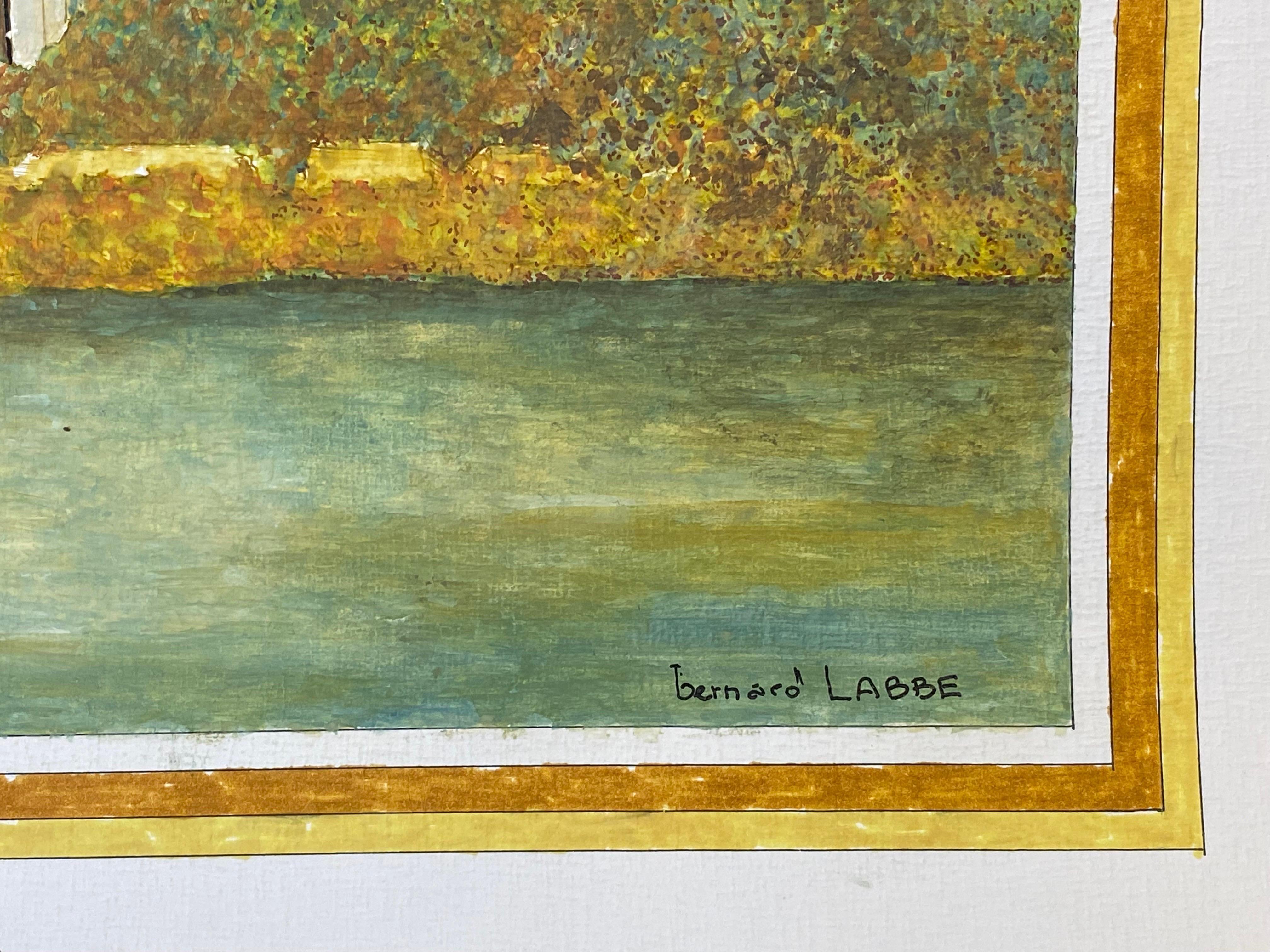 Pintura modernista firmada de los años 50, Gran edificio francés sobre el río - Painting Moderno de Unknown