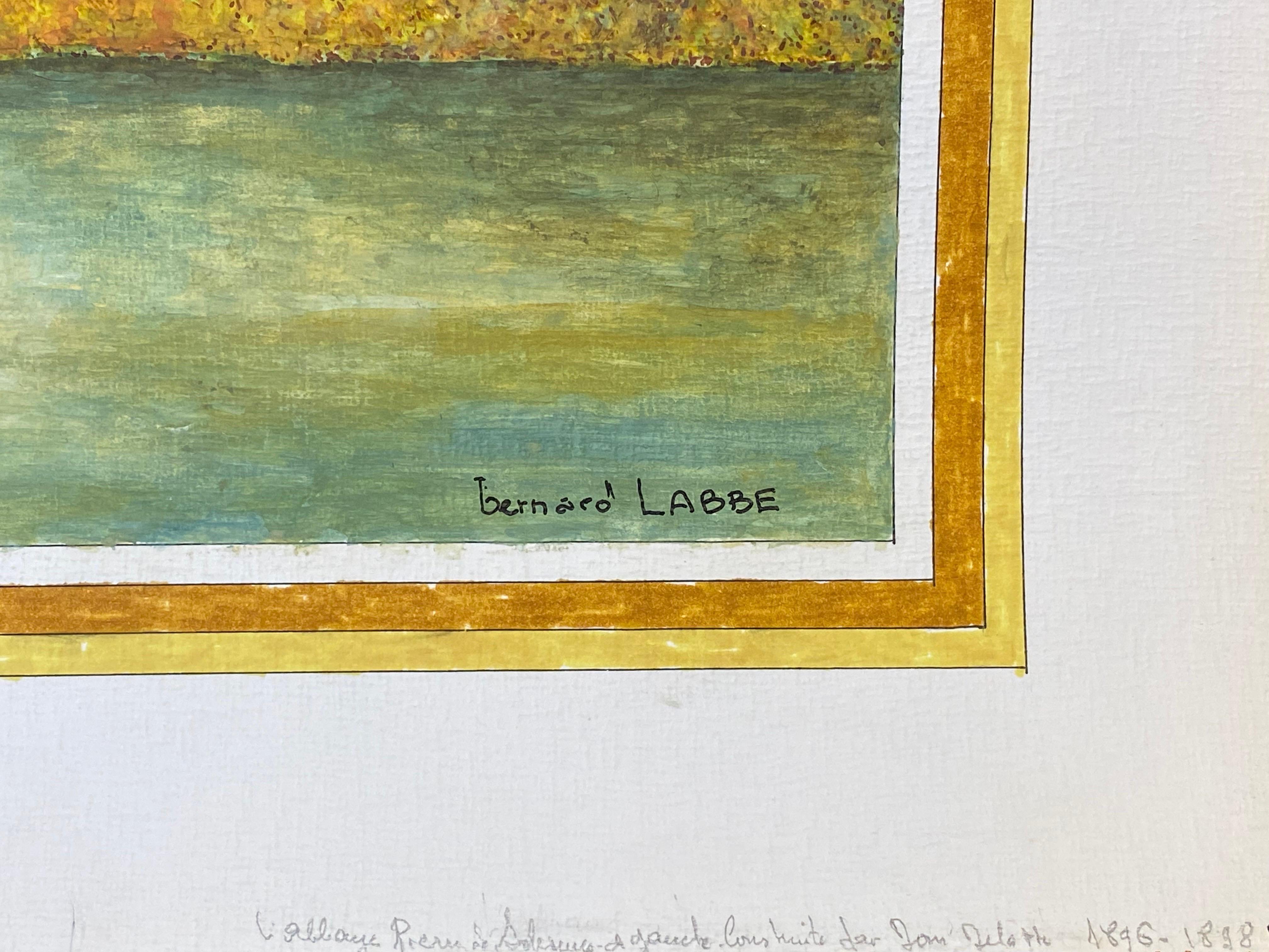 Pintura modernista firmada de los años 50, Gran edificio francés sobre el río - Landscape Painting Marrón de Unknown