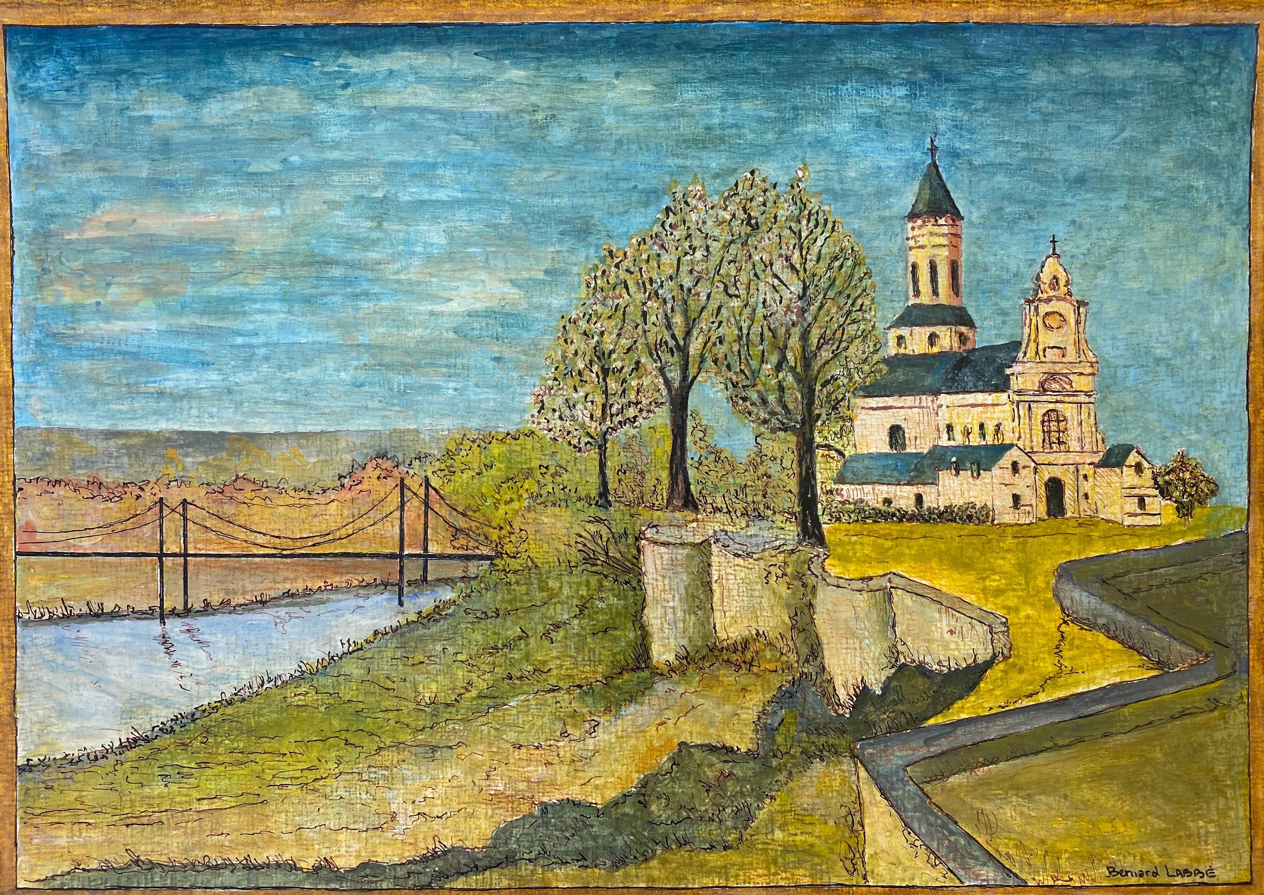 Pintura modernista firmada de los años 50, apacible paisaje de iglesia francesa - Painting de Unknown