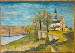 1950's Modernist Signed Painting, Peaceful French Church Landscape
