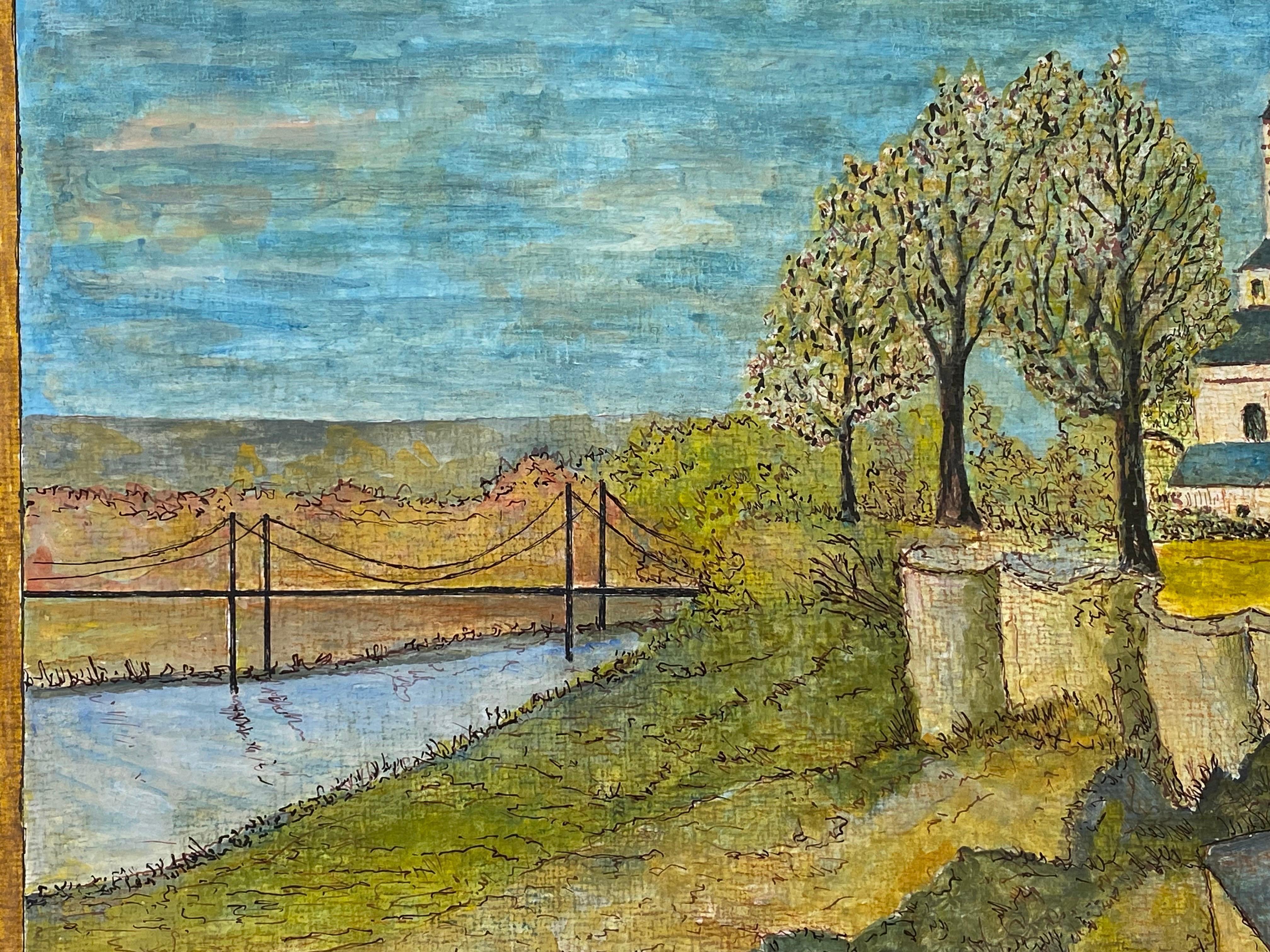 Pintura modernista firmada de los años 50, apacible paisaje de iglesia francesa - Landscape Painting Gris de Unknown