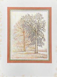 1950's Modernist Signed Painting, The Two Trees In Field