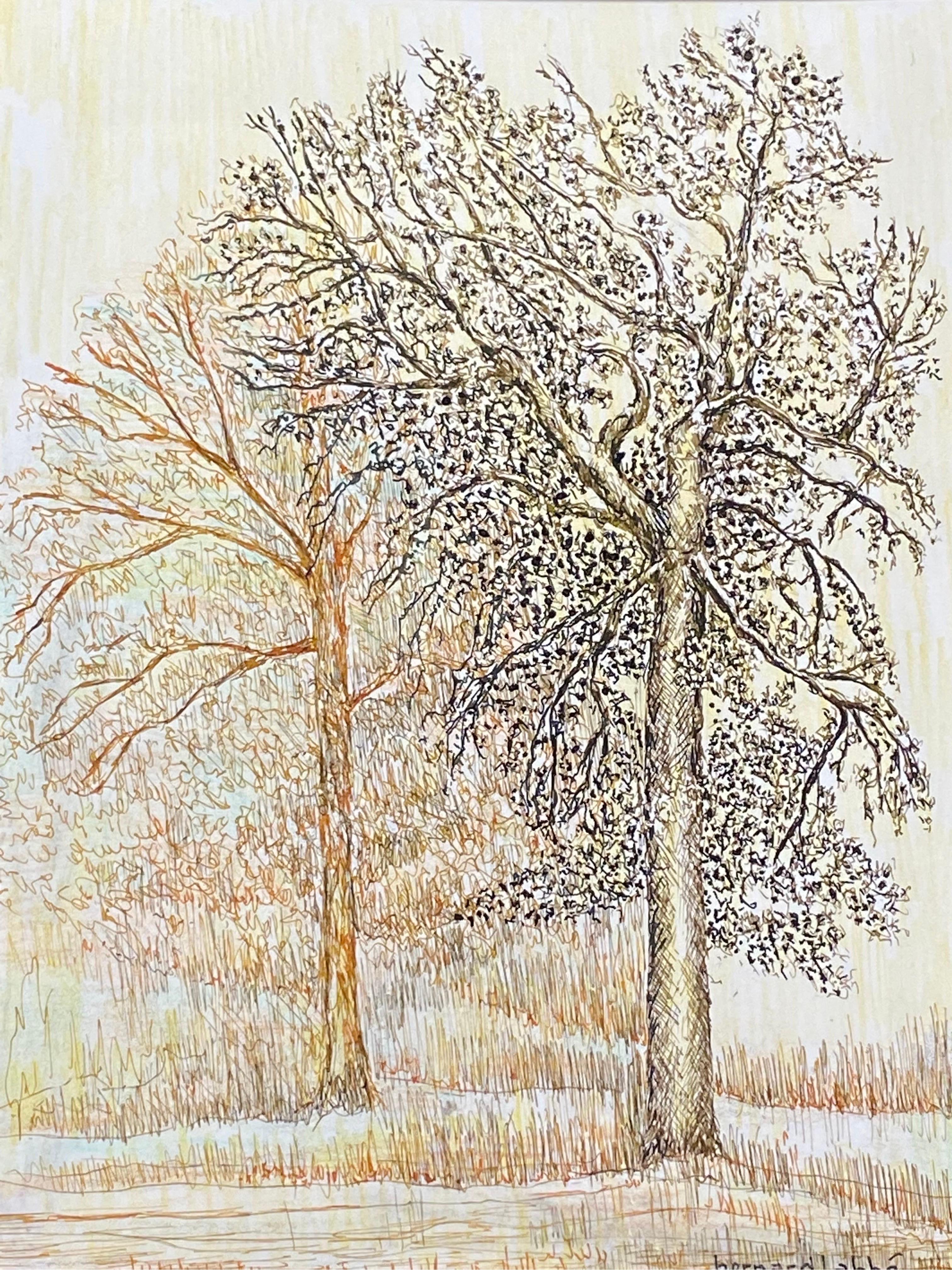 Pintura modernista firmada de los años 50, Los dos árboles en el campo - Painting Moderno de Unknown
