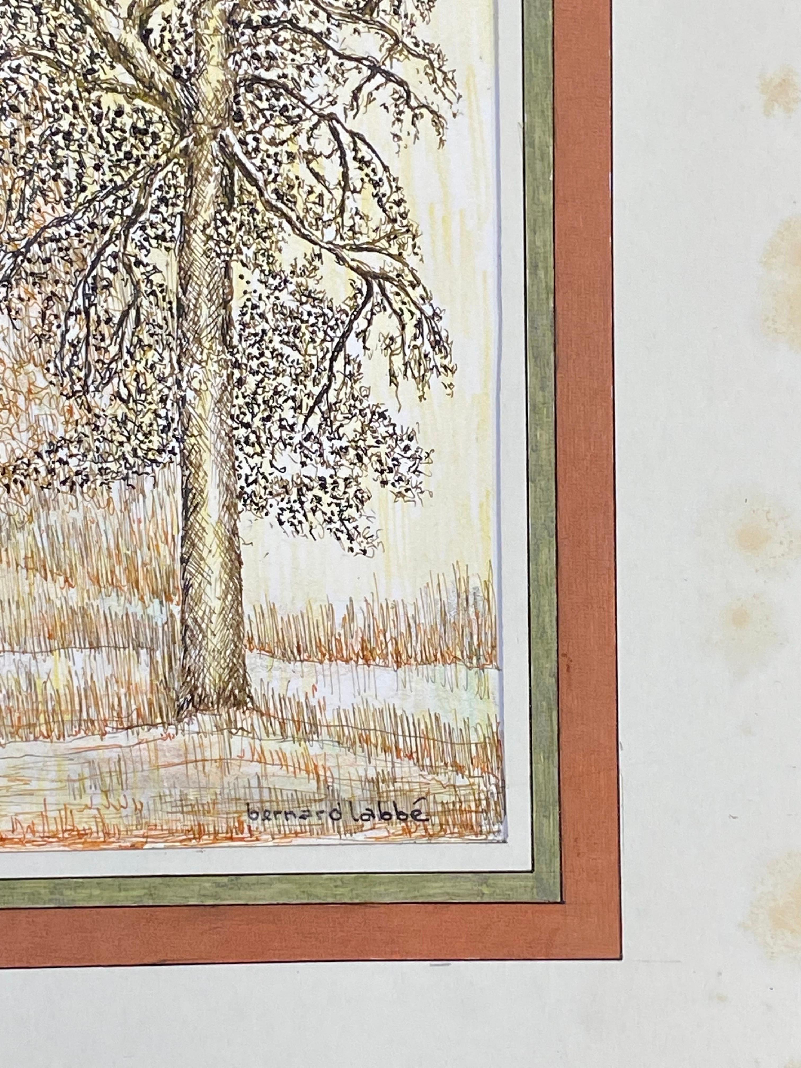 Pintura modernista firmada de los años 50, Los dos árboles en el campo - Landscape Painting Beige de Unknown