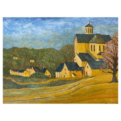 Peinture moderniste signée des années 1950, Vue tranquille de bâtiments français