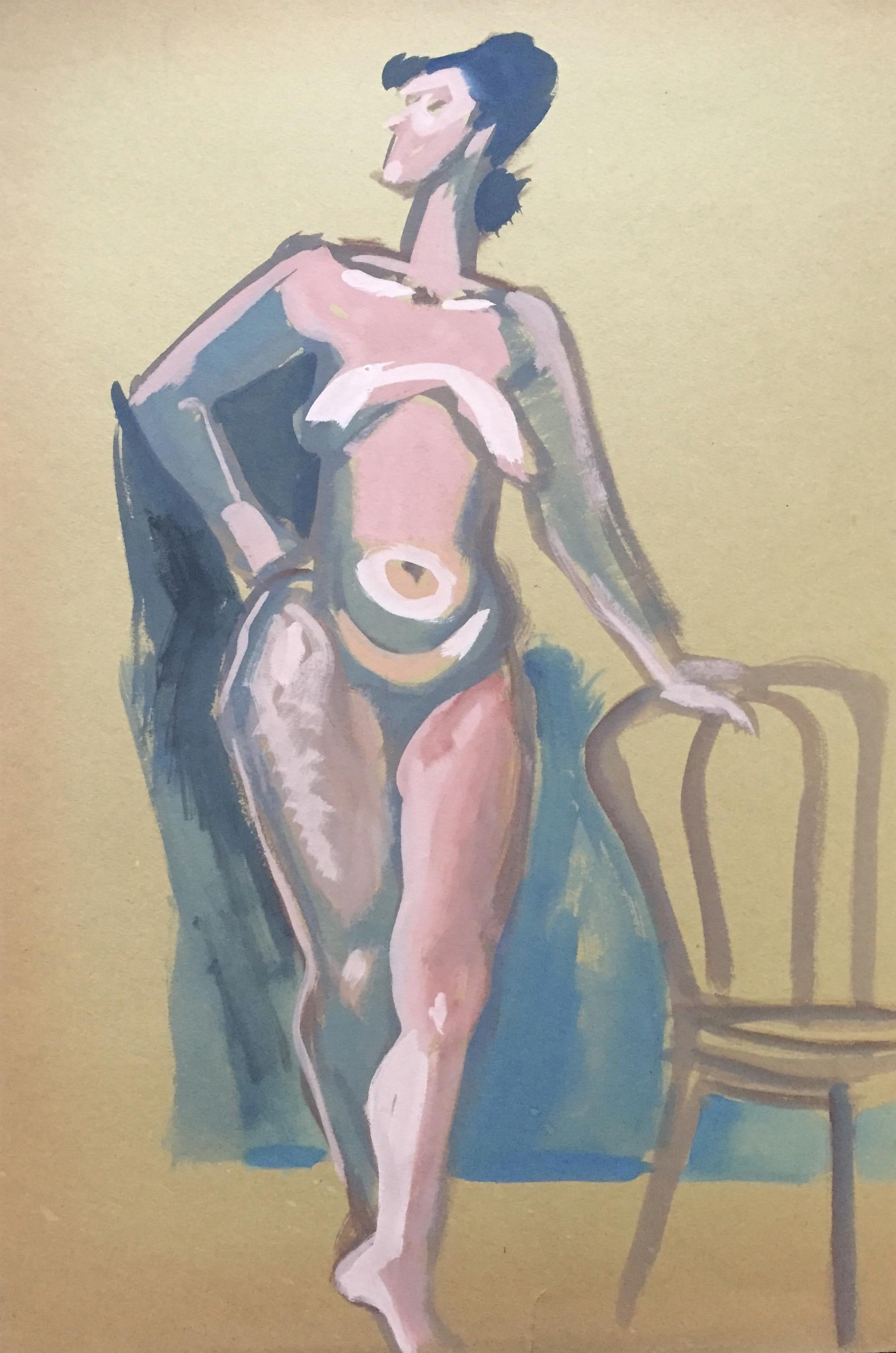 Unknown Figurative Painting - 1950s "Nude with Chair" Figurative Gouache Painting