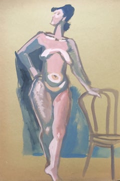 Vintage 1950s "Nude with Chair" Figurative Gouache Painting