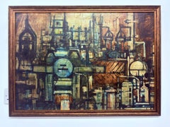 1950s Oil On Board Painting – Industrial Constructivist Factory Scene