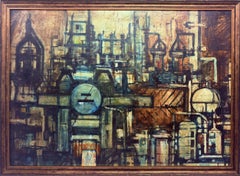 1950s Oil On Board Painting – Industrial Constructivist Factory Scene