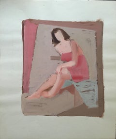 1950s "Pink Towel 2" Mid Century Nude Gouache Painting