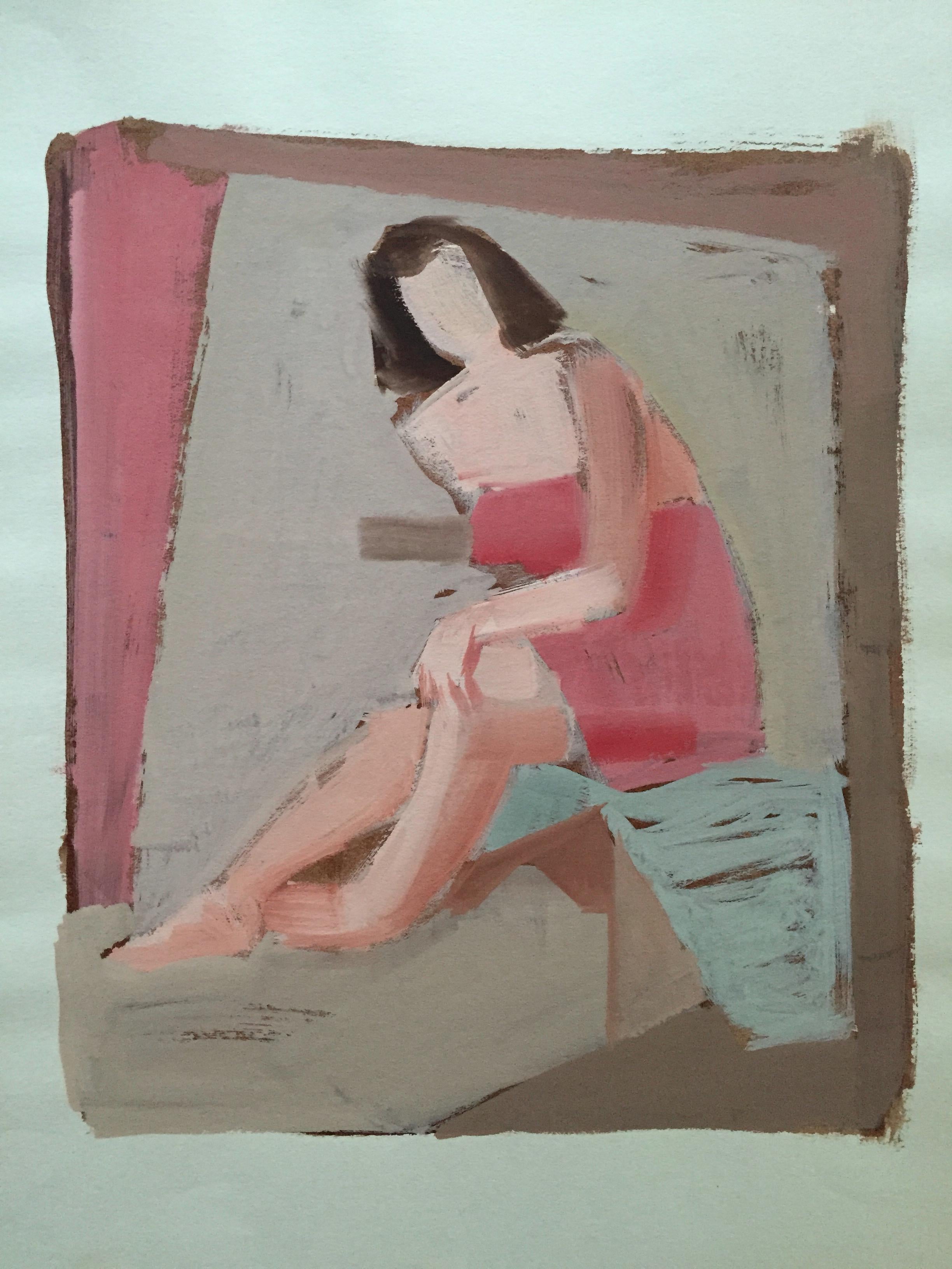 Unknown Nude Painting – 1950er Jahre ""Rosa Handtuch 2" Nudefarbenes Gouache-Gemälde, Mitte des Jahrhunderts