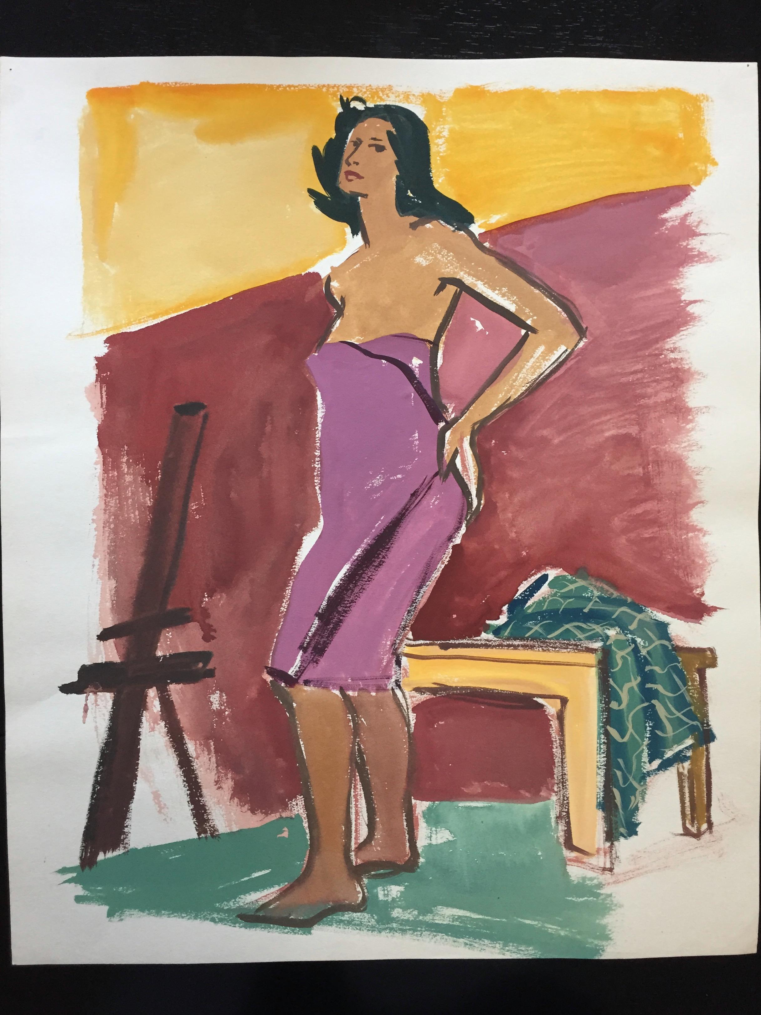 „Rosafarbenes Handtuch“ Figuratives Gouache-Gemälde, 1950er Jahre – Painting von Unknown
