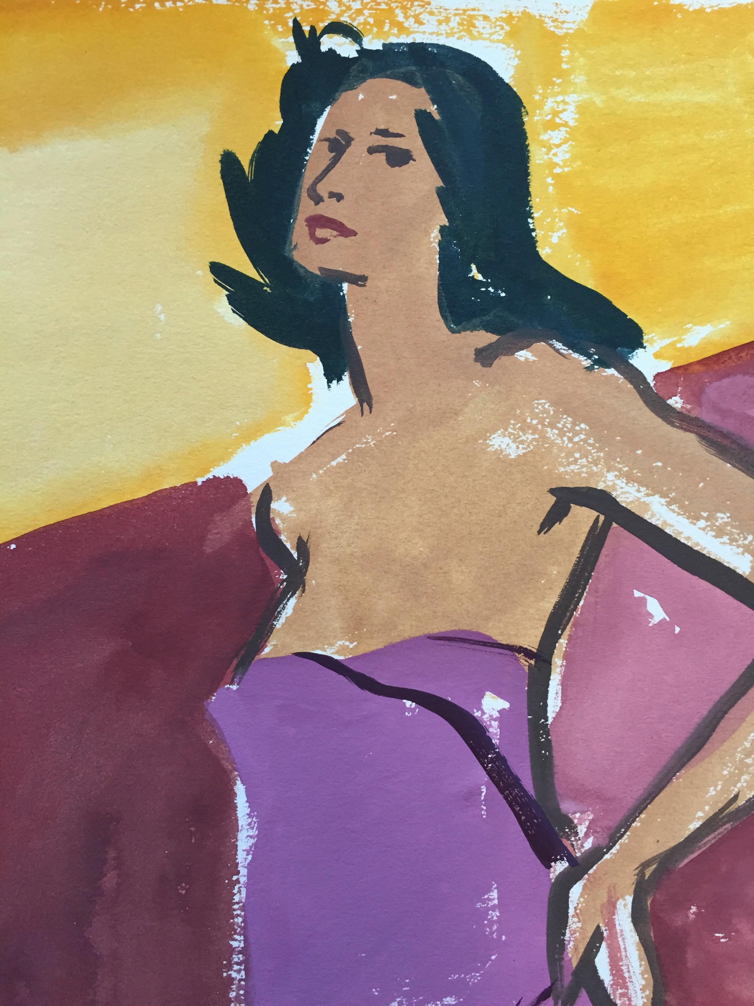 „Rosafarbenes Handtuch“ Figuratives Gouache-Gemälde, 1950er Jahre (Amerikanische Moderne), Painting, von Unknown