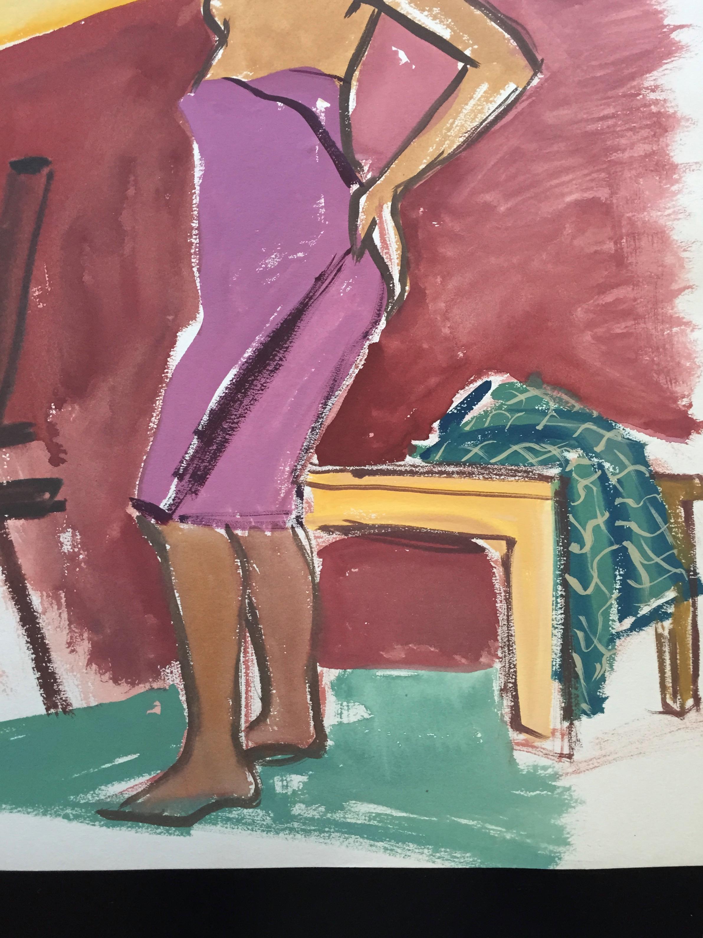 Peinture figurative à la gouache « Serviette rose » des années 1950 - Marron Figurative Painting par Unknown