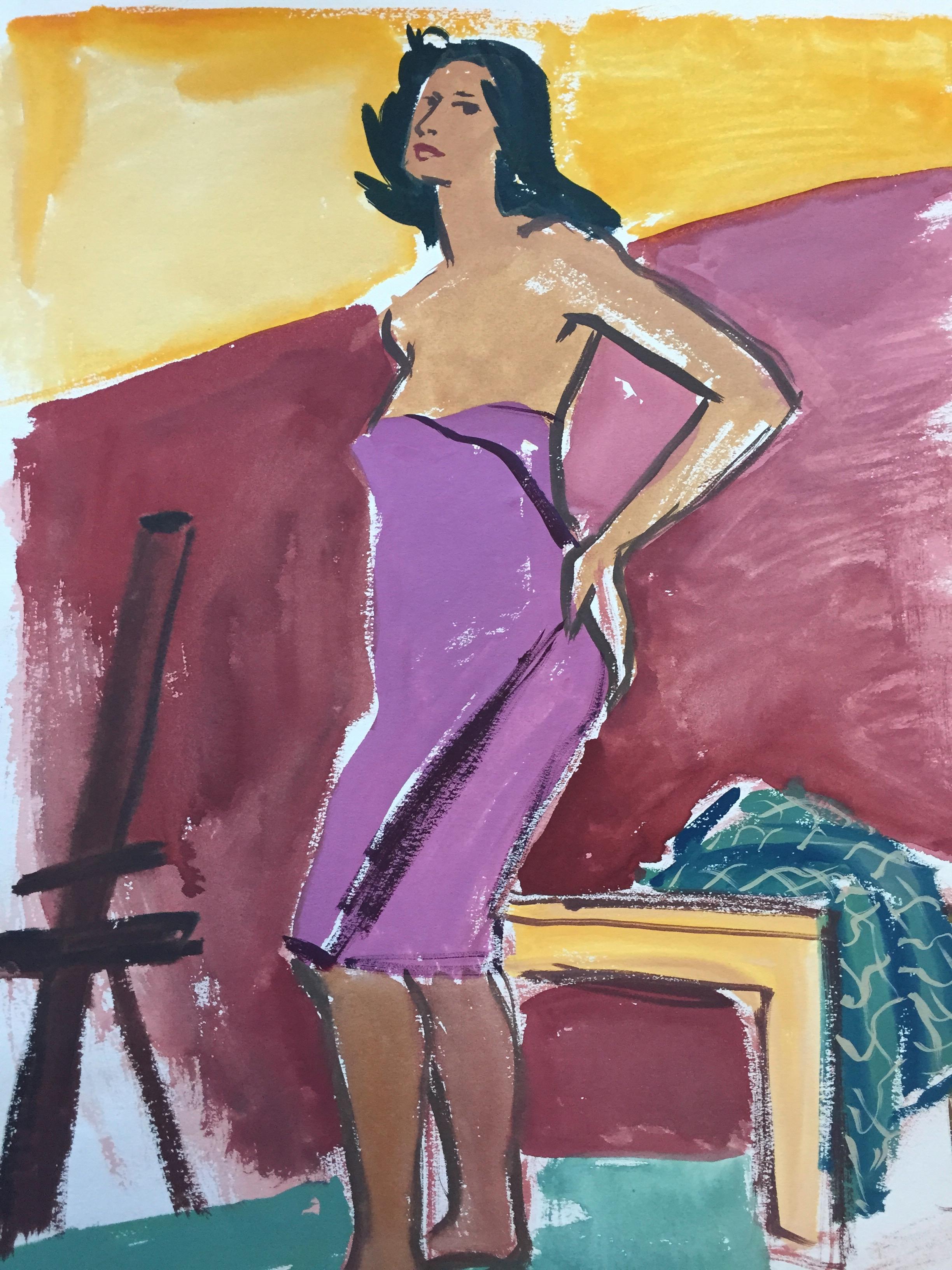 Unknown Figurative Painting – „Rosafarbenes Handtuch“ Figuratives Gouache-Gemälde, 1950er Jahre