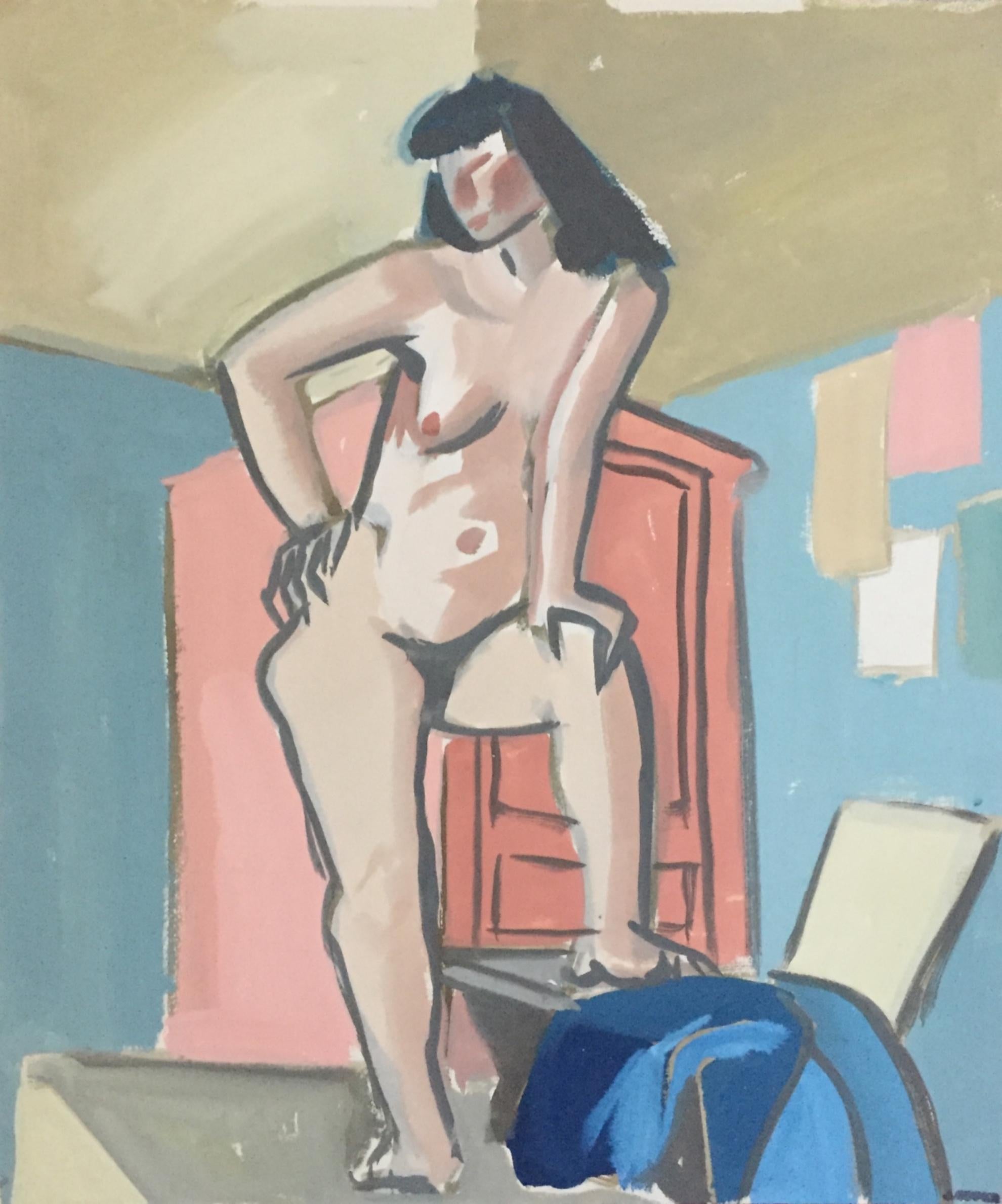 1950s "Short Bangs" Mid Century Nude Gouache Painting