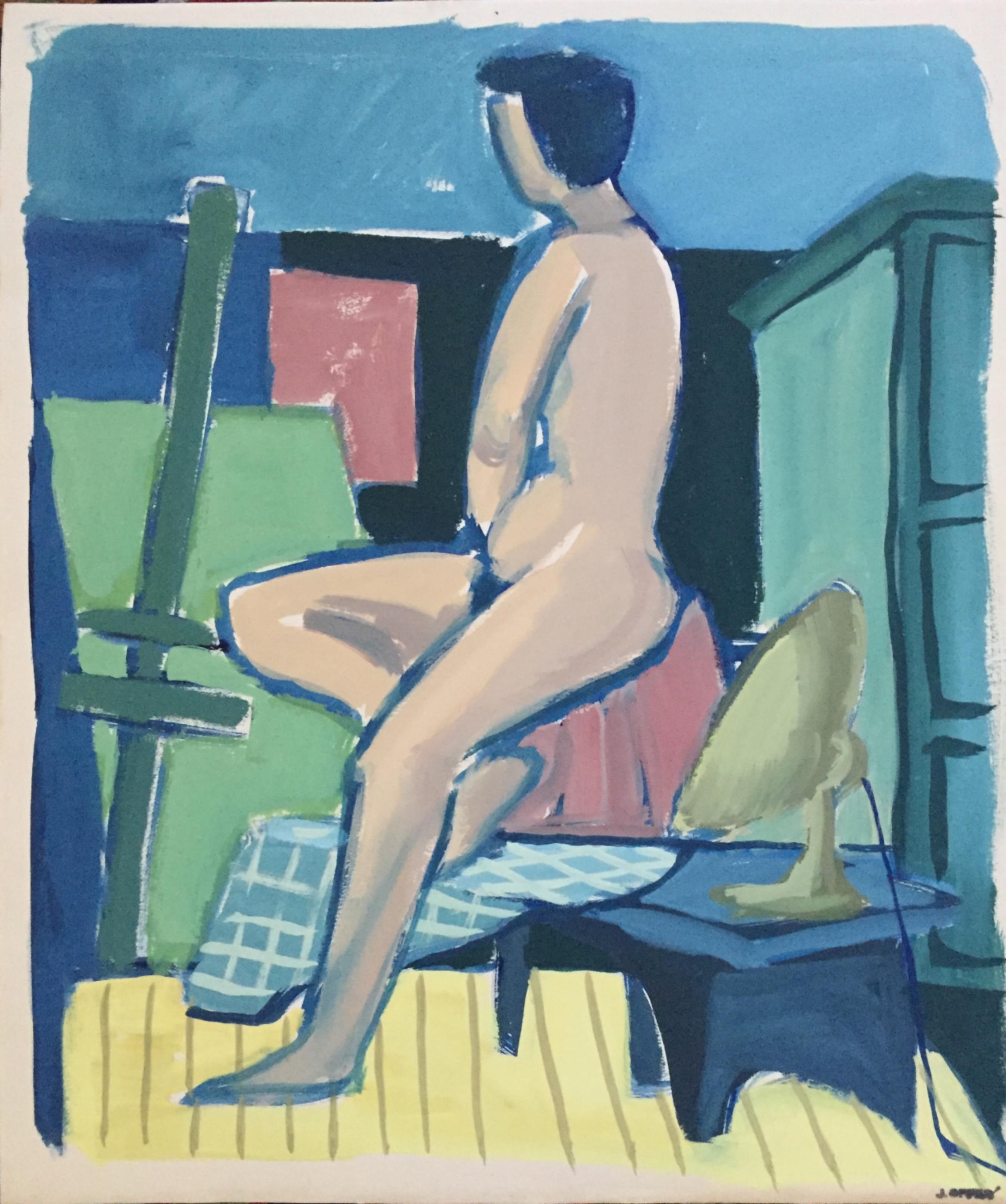 1950s "Short Hair" Mid Century Nude Gouache Painting
