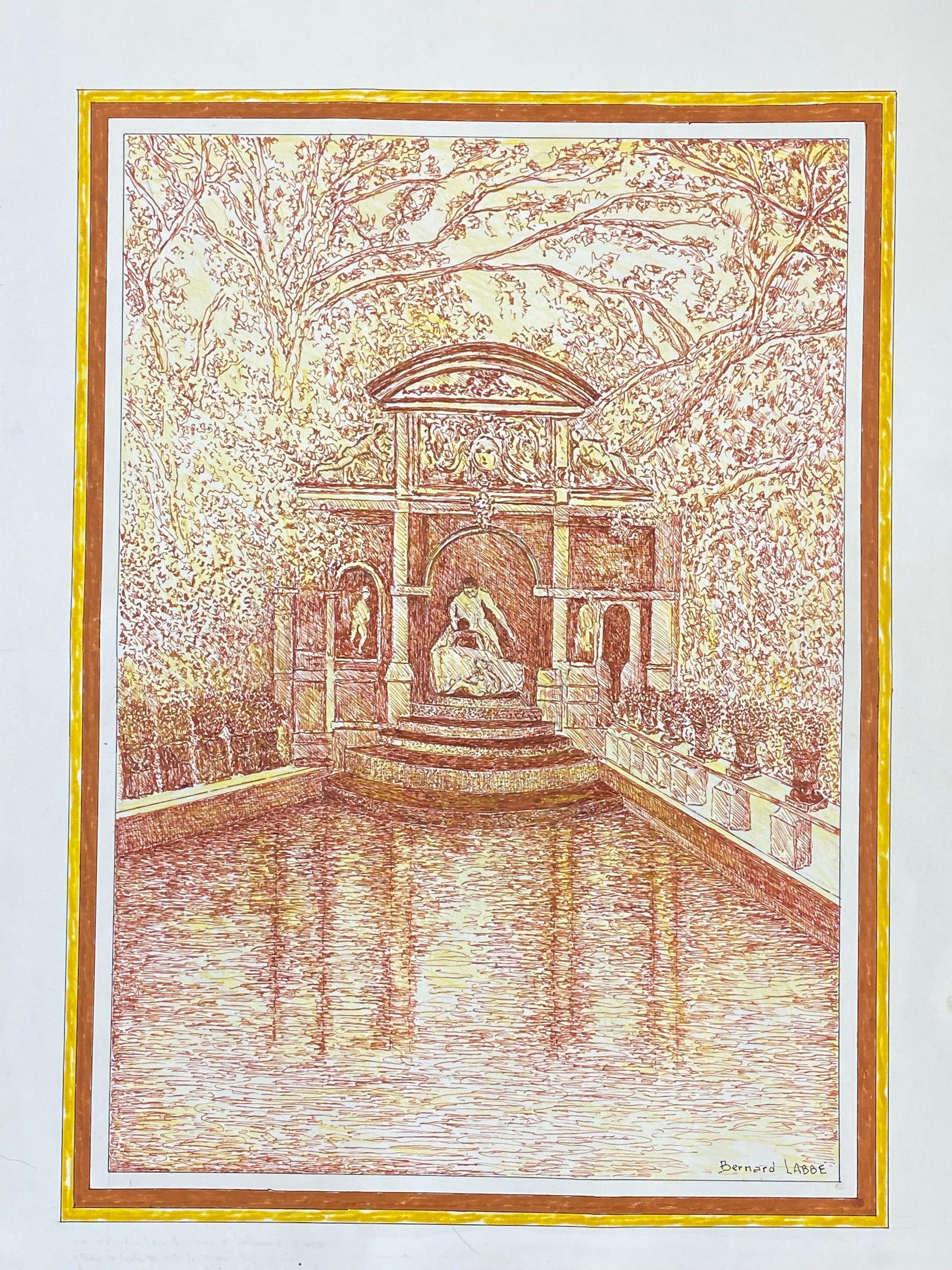 Pintura modernista firmada en 1950, Dibujo fino de fuente histórica - Painting de Unknown