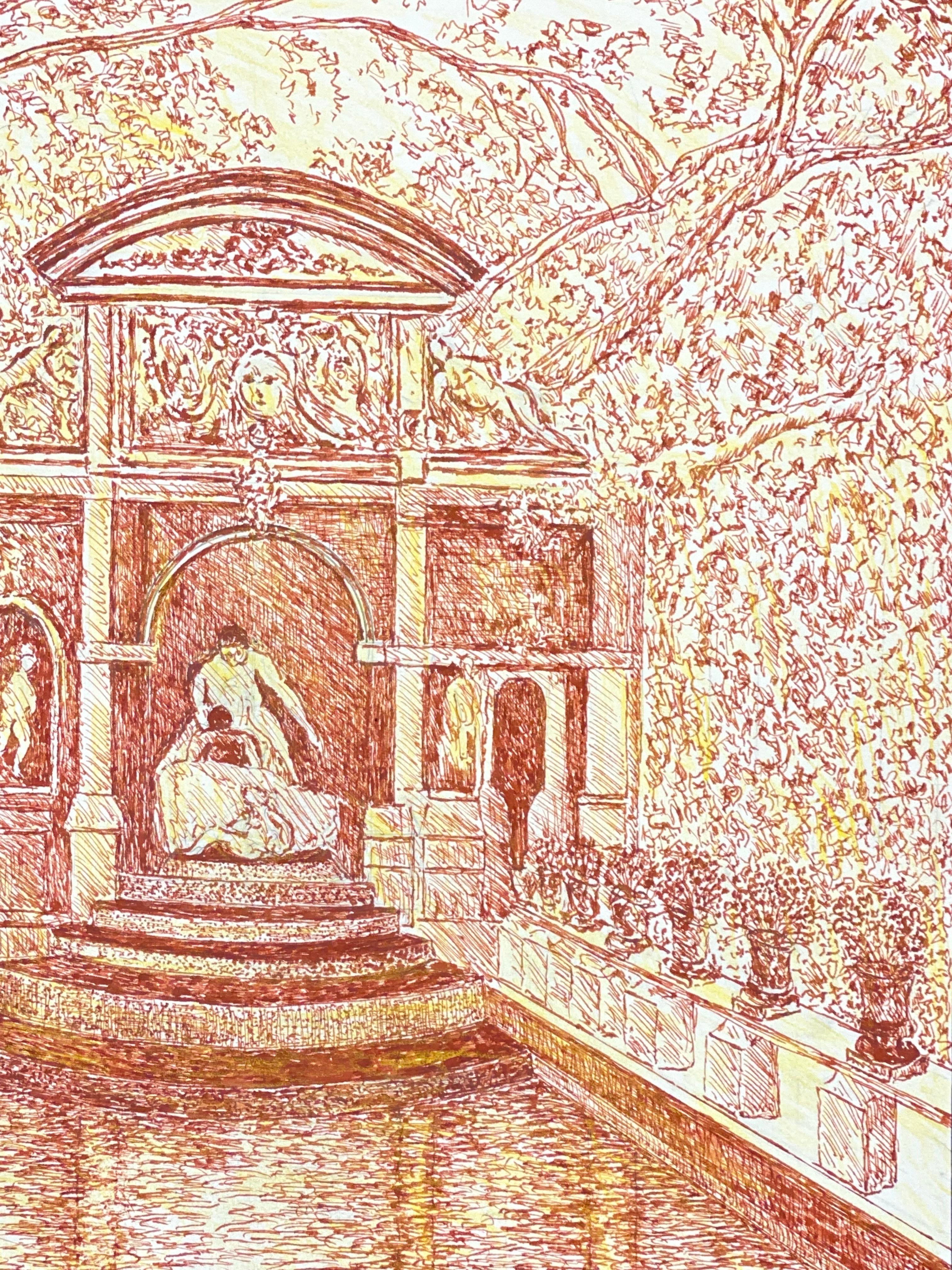 Pintura modernista firmada en 1950, Dibujo fino de fuente histórica - Painting Moderno de Unknown