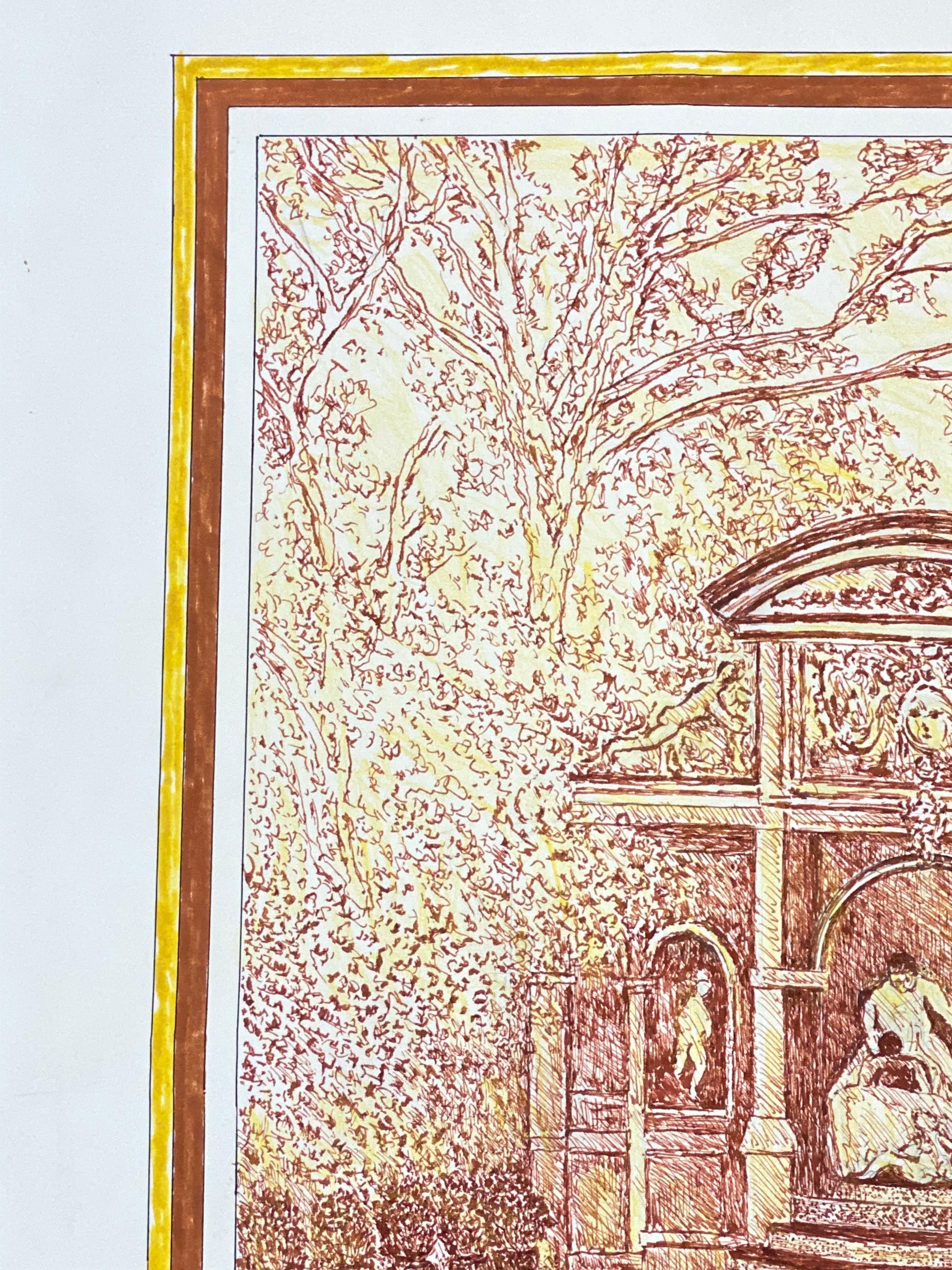 Pintura modernista firmada en 1950, Dibujo fino de fuente histórica - Landscape Painting Beige de Unknown