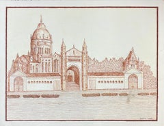 1950's Signed Modernist Painting, Large Landscape of Historic Landmark