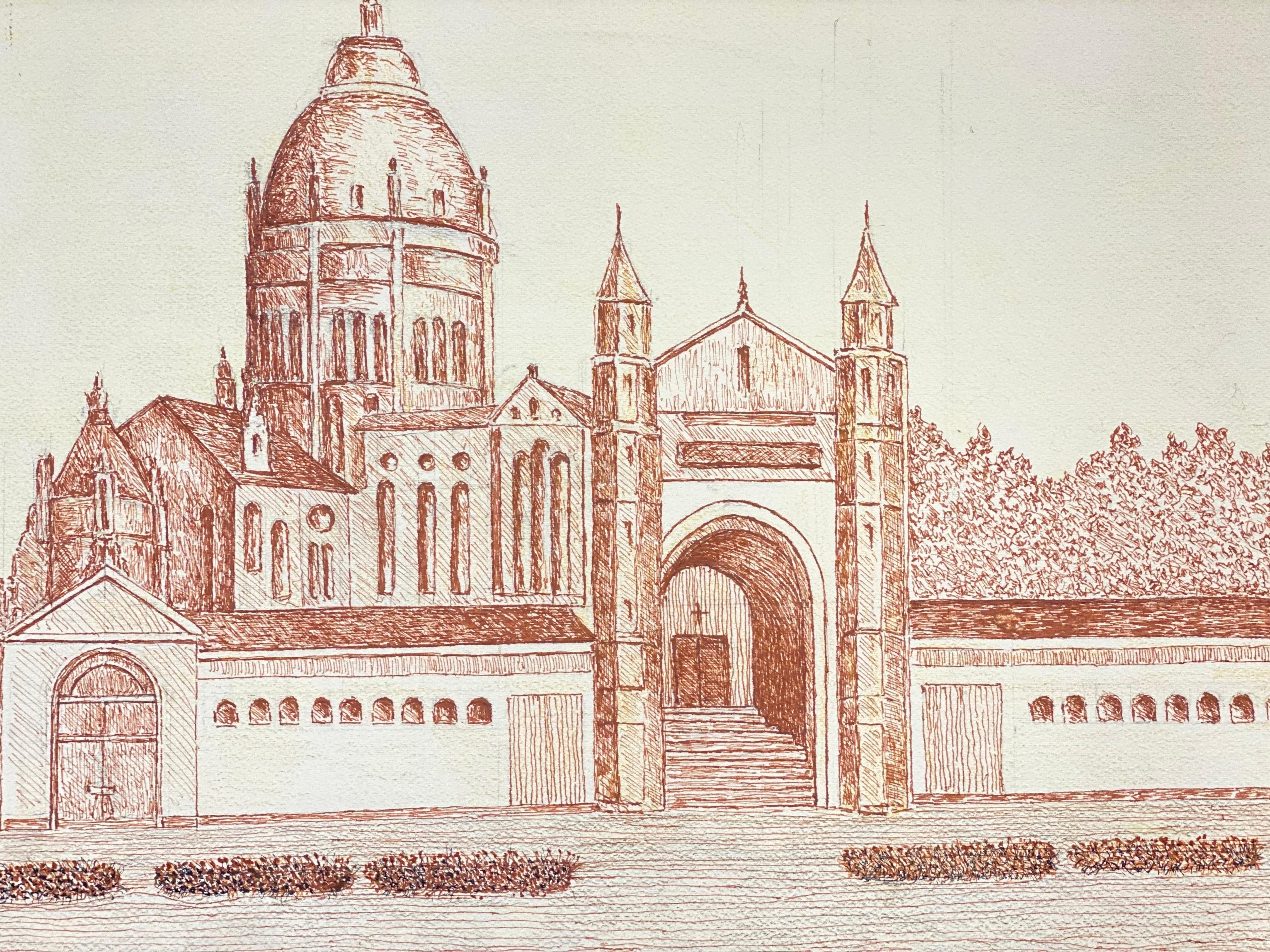 Pintura modernista firmada en 1950, gran paisaje de monumento histórico - Landscape Painting Beige de Unknown