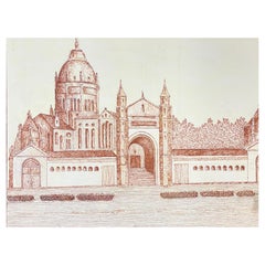 Pintura modernista firmada en 1950, gran paisaje de monumento histórico