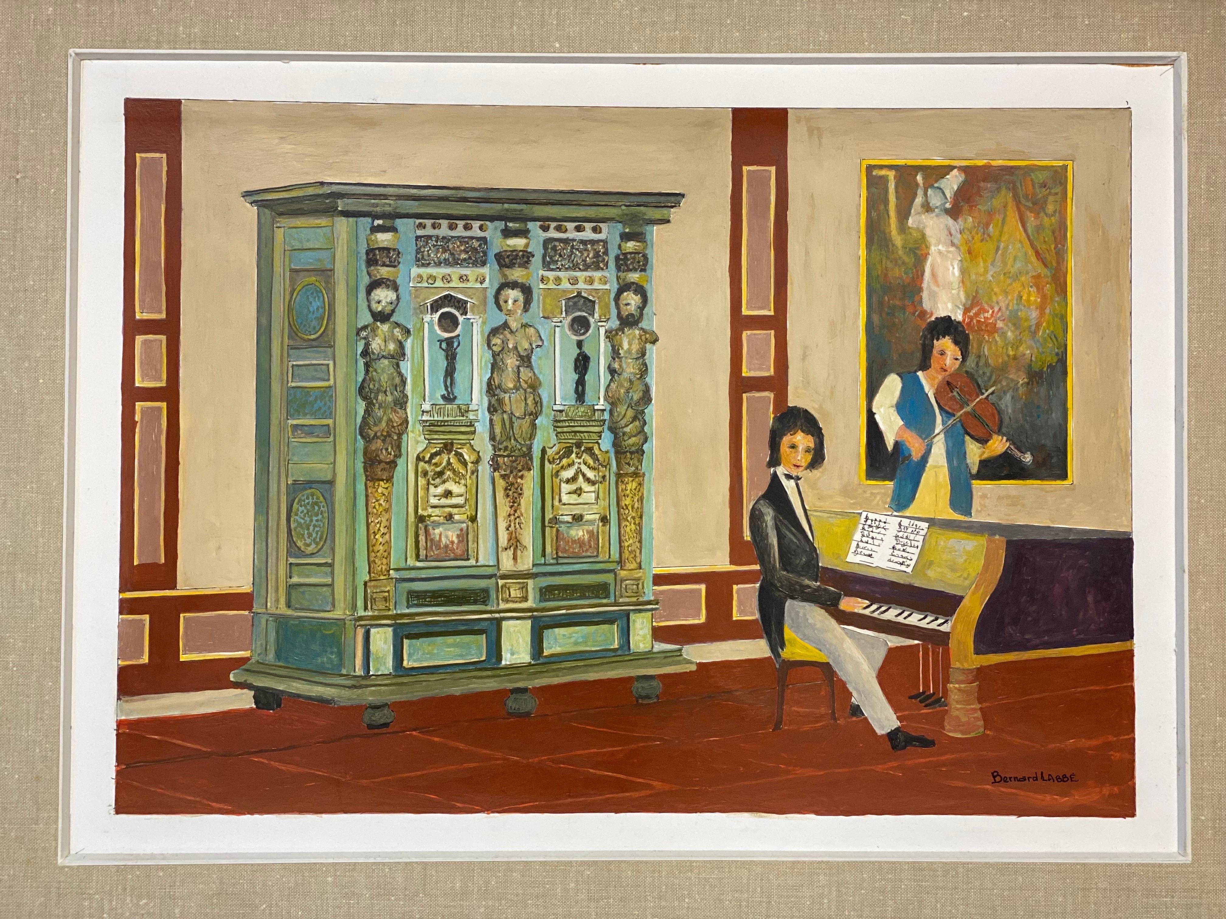 1950's Signed Modernist Painting, Pianist and Violin Player Interior Scene - Brown Figurative Painting by Unknown